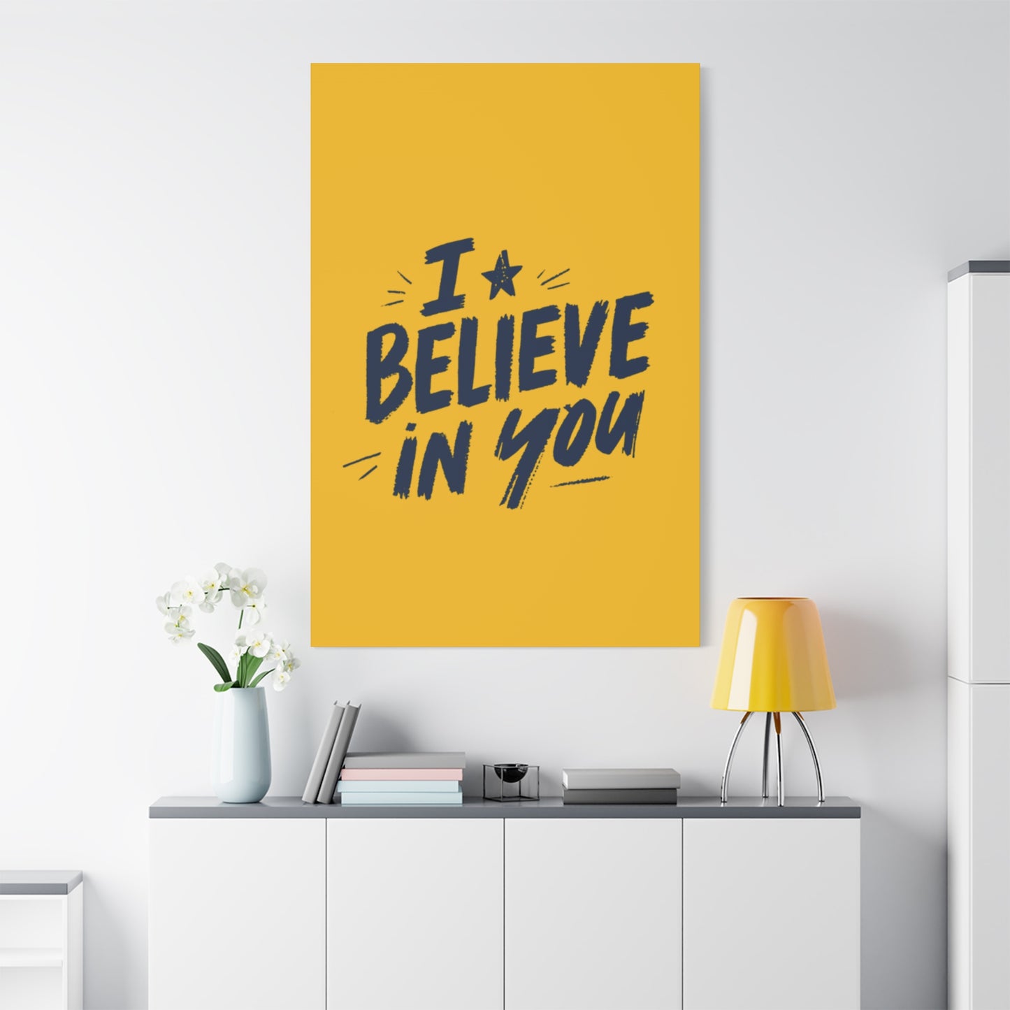 I Believe In You Canvas | Matte Stretched Wall Art, Navy Brush Lettering on Gold