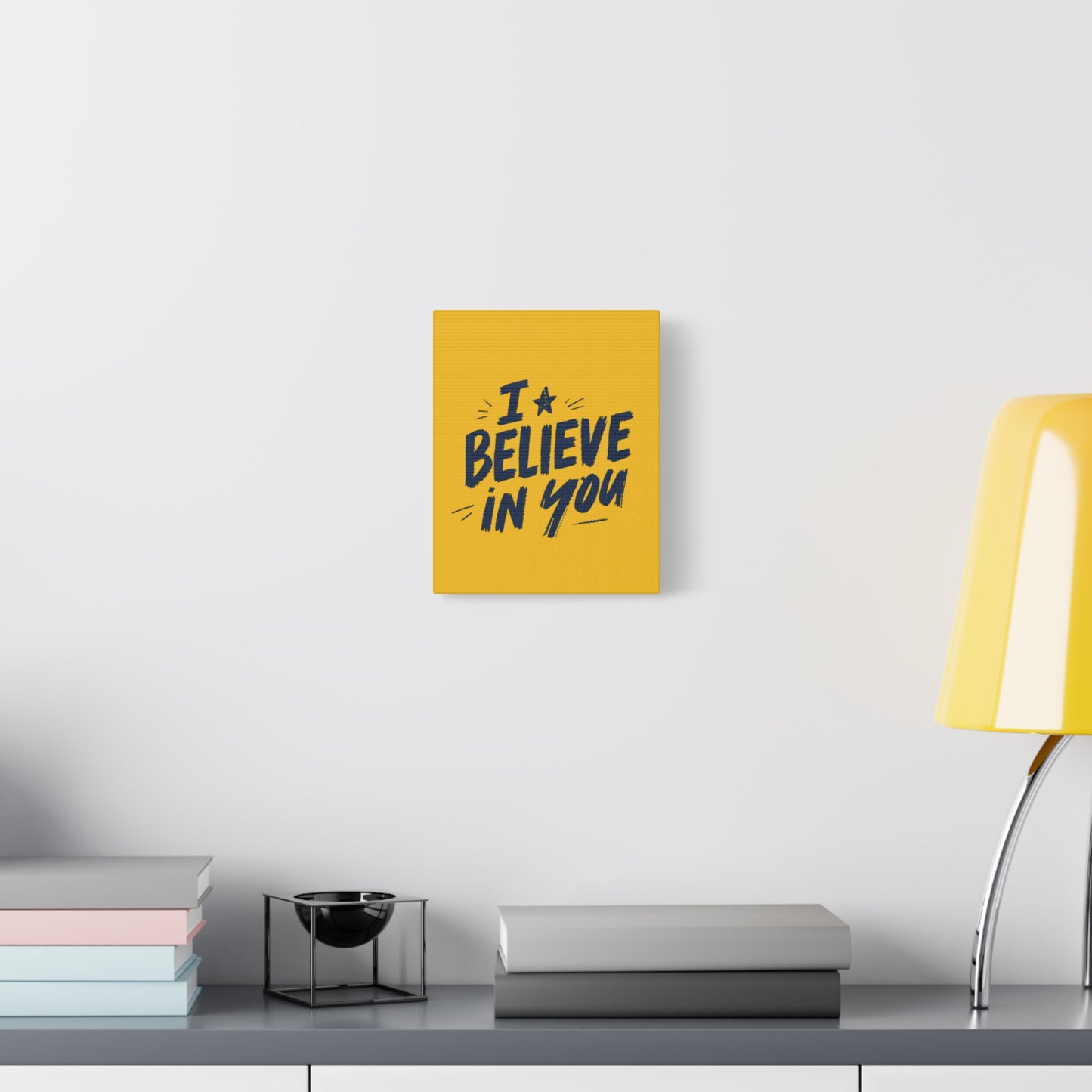 I Believe In You Canvas | Matte Stretched Wall Art, Navy Brush Lettering on Gold