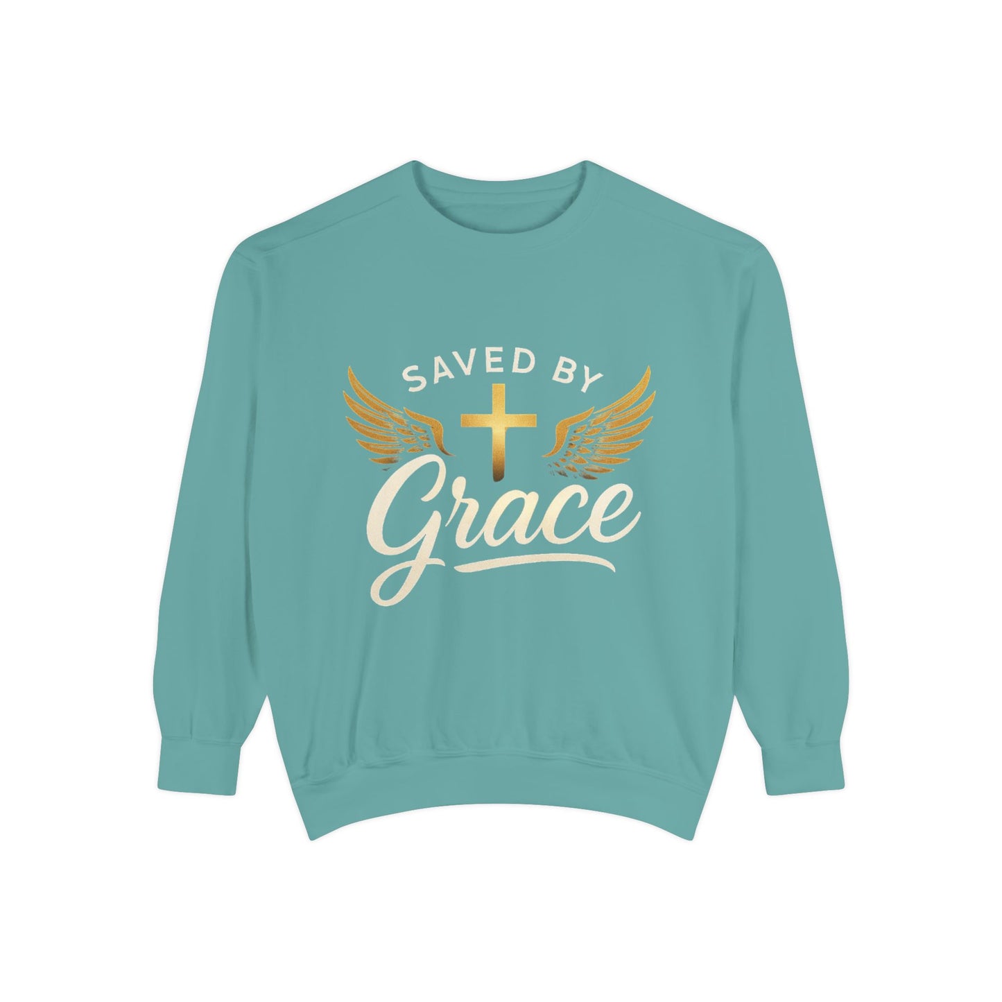 Saved by Grace Unisex Garment-Dyed Sweatshirt, Christian Sweatshirt, Faith Apparel, Inspirational Gift, Cozy Crewneck, Religious Clothing