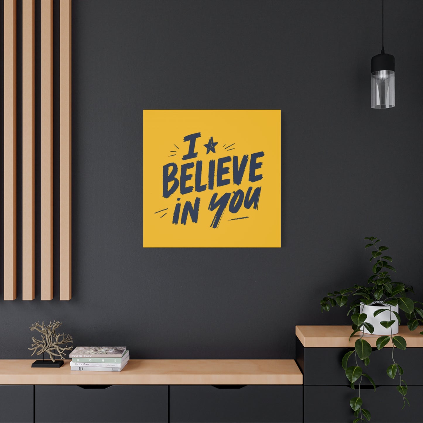 I Believe In You Canvas | Matte Stretched Wall Art, Navy Brush Lettering on Gold