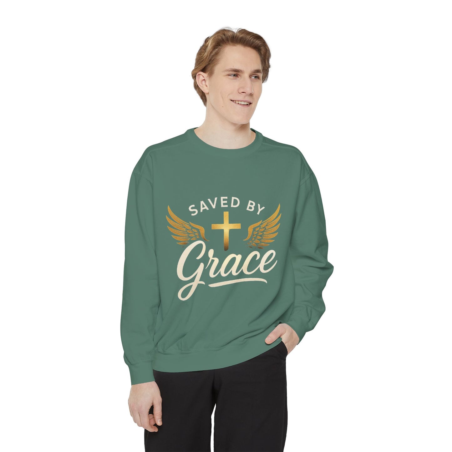 Saved by Grace Unisex Garment-Dyed Sweatshirt, Christian Sweatshirt, Faith Apparel, Inspirational Gift, Cozy Crewneck, Religious Clothing