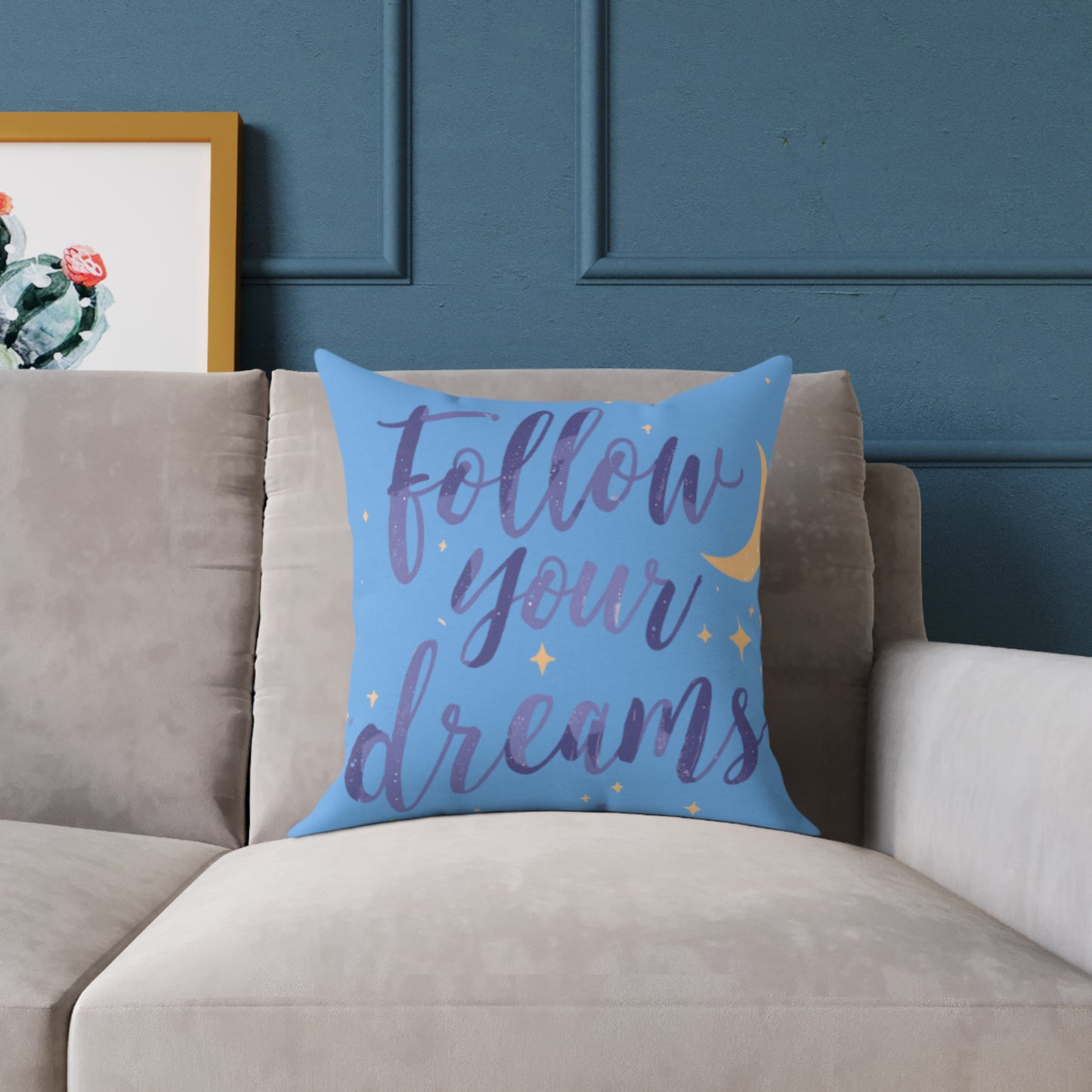 Follow Your Dreams pillow | Square poly canvas pillow, moon stars night design