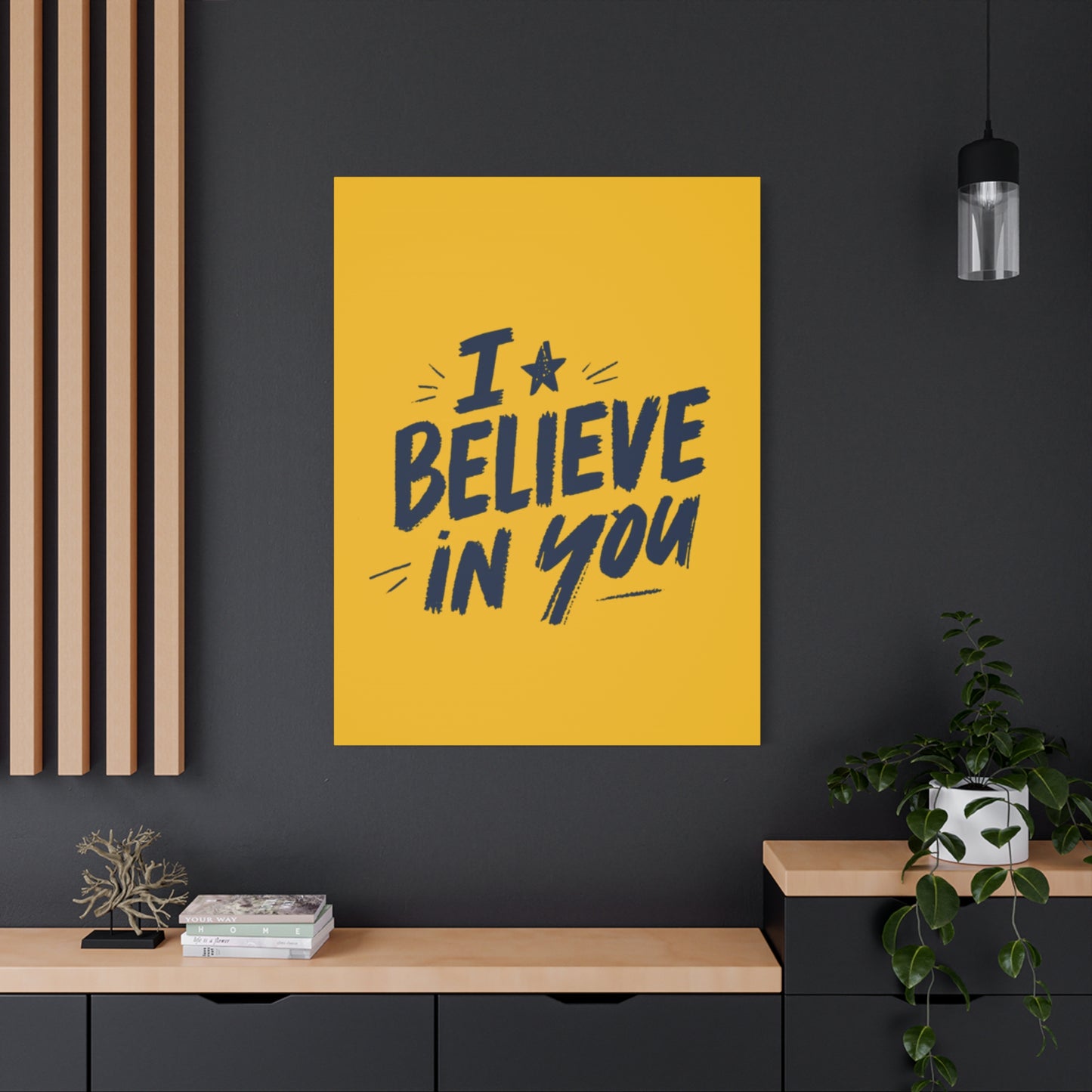 I Believe In You Canvas | Matte Stretched Wall Art, Navy Brush Lettering on Gold