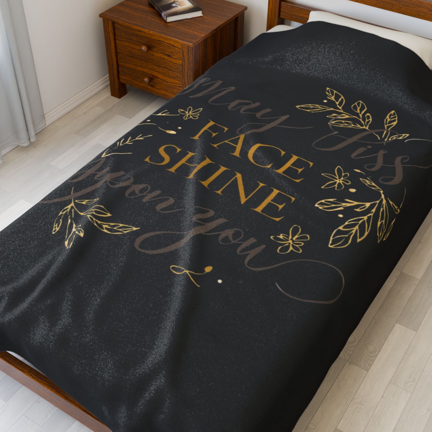 May His Face Shine Upon You Velveteen Plush Blanket | Gold Script Blessing