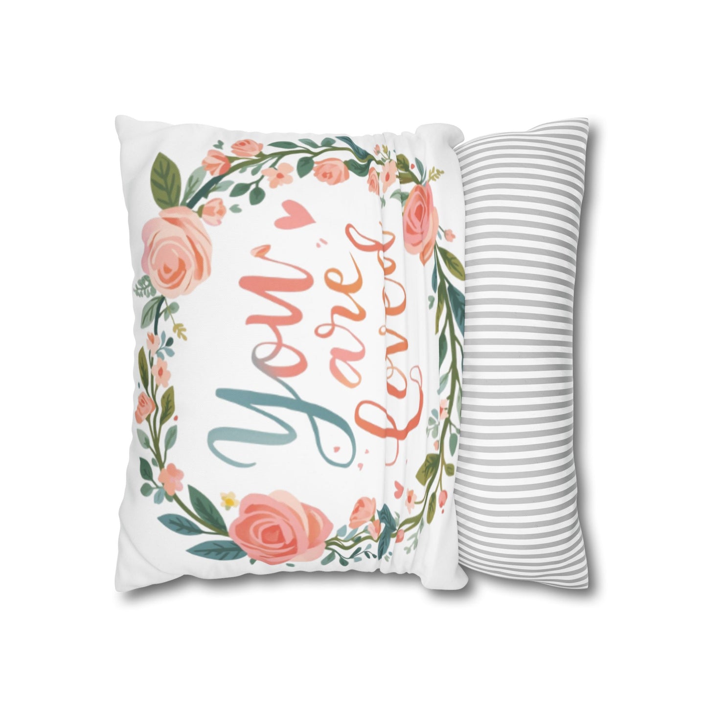 You Are Loved Floral Wreath Pillowcase | Square Poly Canvas Pillowcase