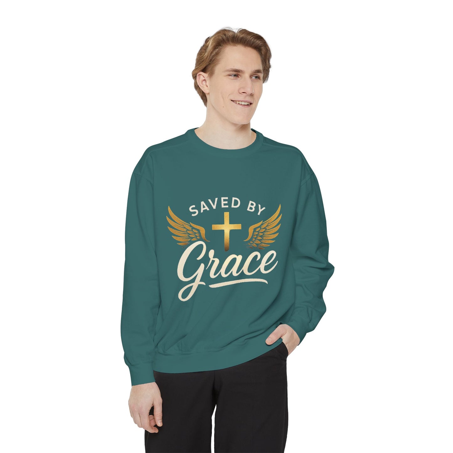Saved by Grace Unisex Garment-Dyed Sweatshirt, Christian Sweatshirt, Faith Apparel, Inspirational Gift, Cozy Crewneck, Religious Clothing