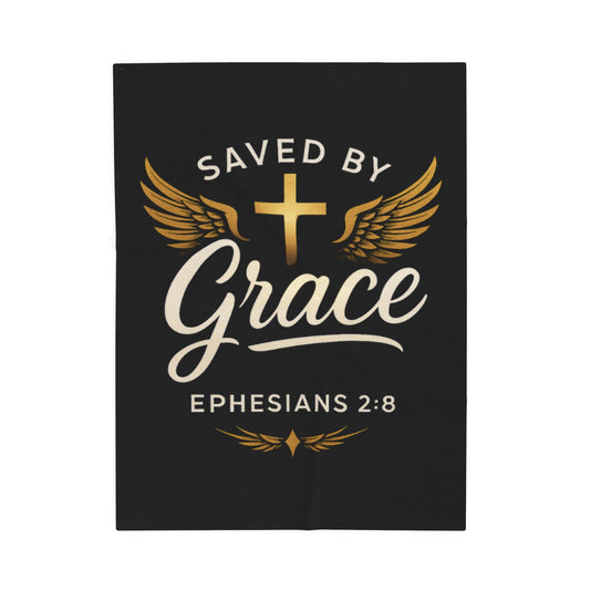 Saved by Grace Velveteen Plush Blanket, Cozy Blanket for Home, Christian Gift, Inspirational Decor, Bible Verse Blanket, Faith and Comfort