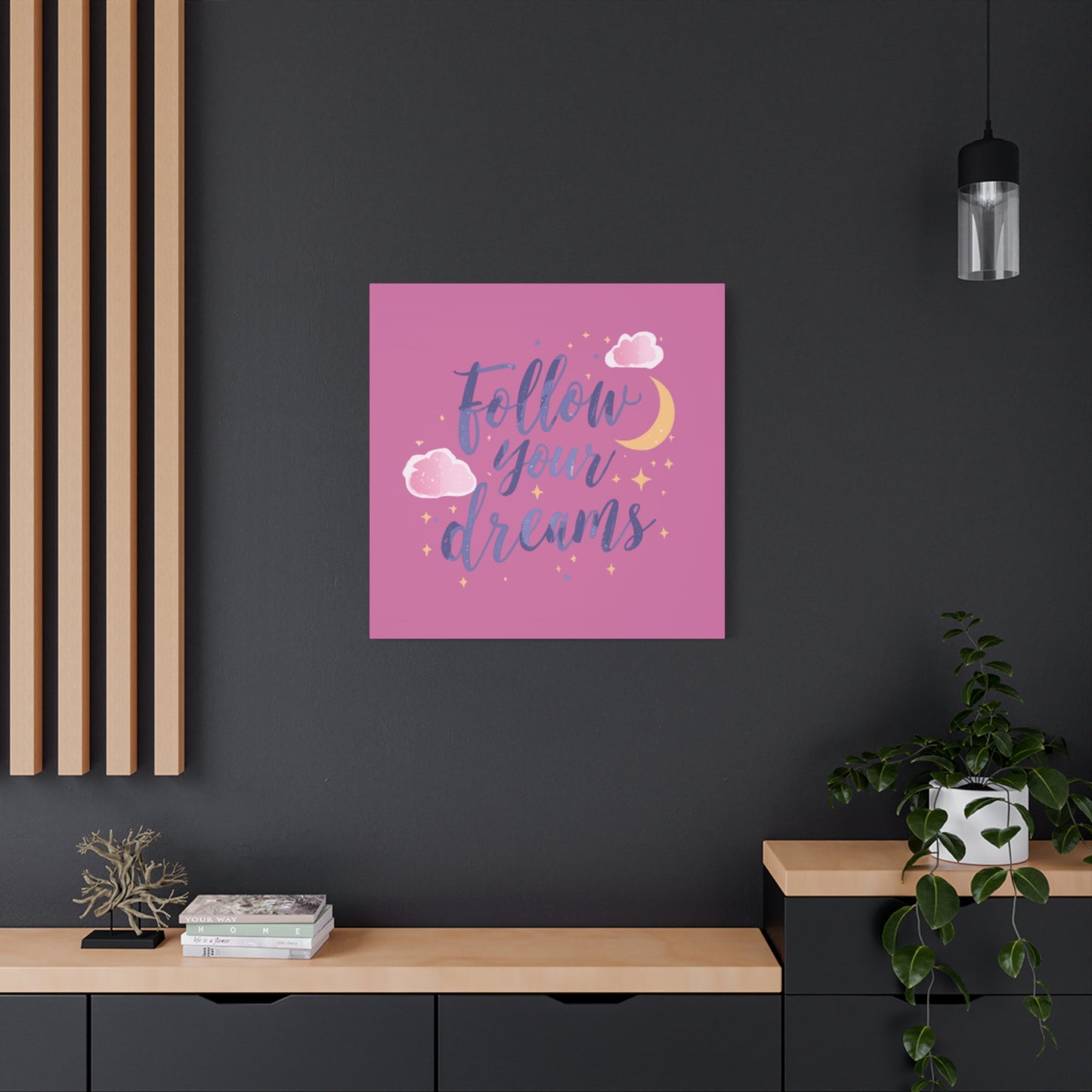 Follow Your Dreams Matte Canvas | Inspirational Wall Art, Pink Moon Clouds