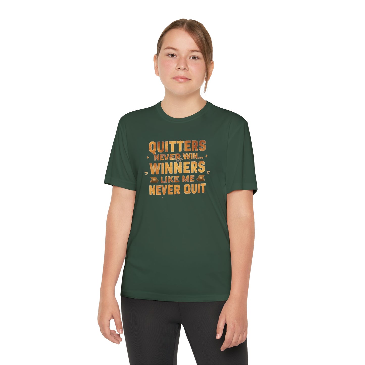 Quitters Never Win Winners Like Me Never Quit T-Shirt | Youth Competition Tee