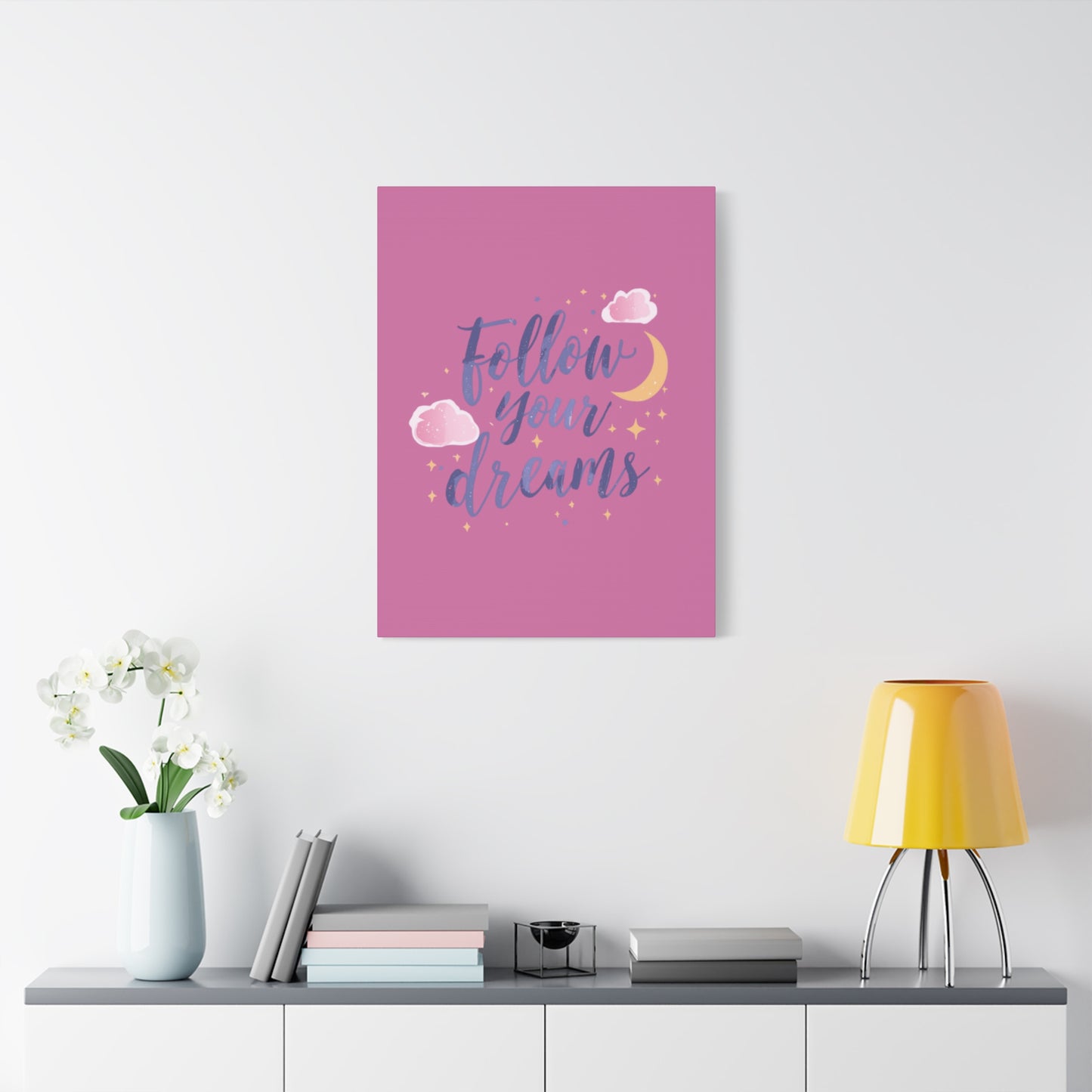 Follow Your Dreams Matte Canvas | Inspirational Wall Art, Pink Moon Clouds