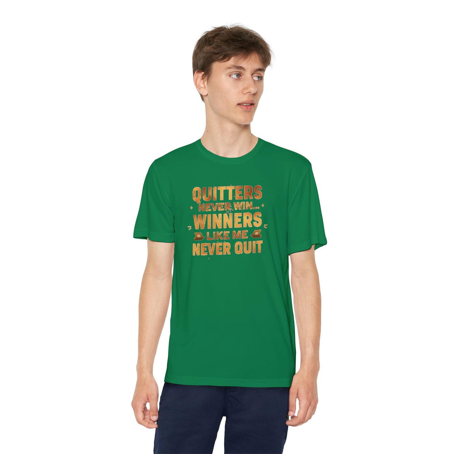 Quitters Never Win Winners Like Me Never Quit T-Shirt | Youth Competition Tee
