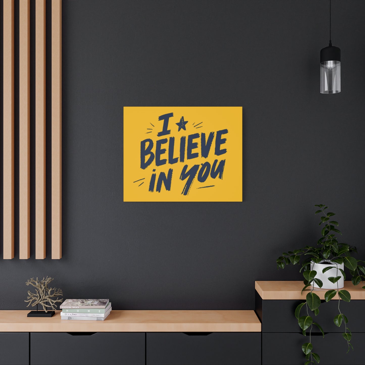 I Believe In You Canvas | Matte Stretched Wall Art, Navy Brush Lettering on Gold