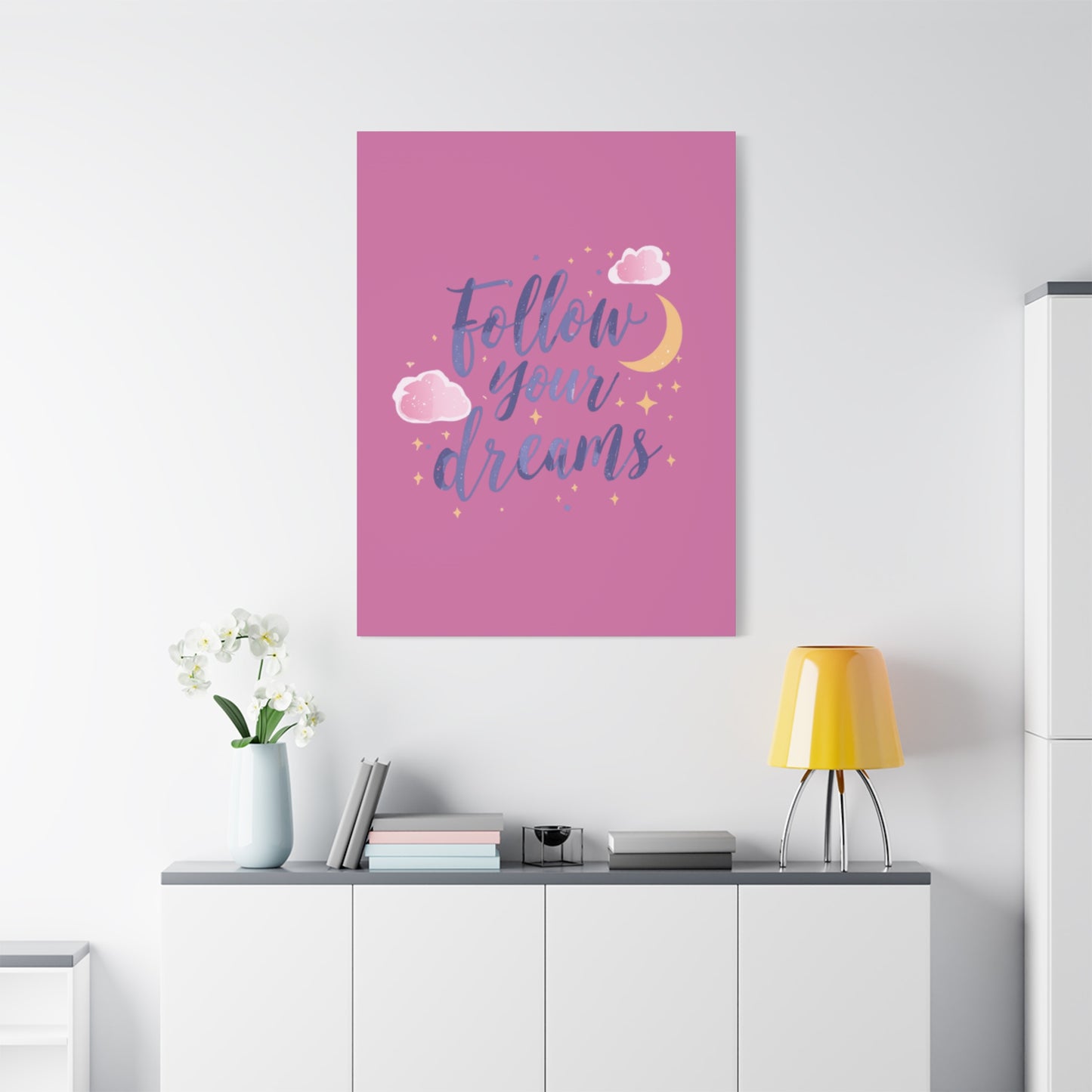 Follow Your Dreams Matte Canvas | Inspirational Wall Art, Pink Moon Clouds