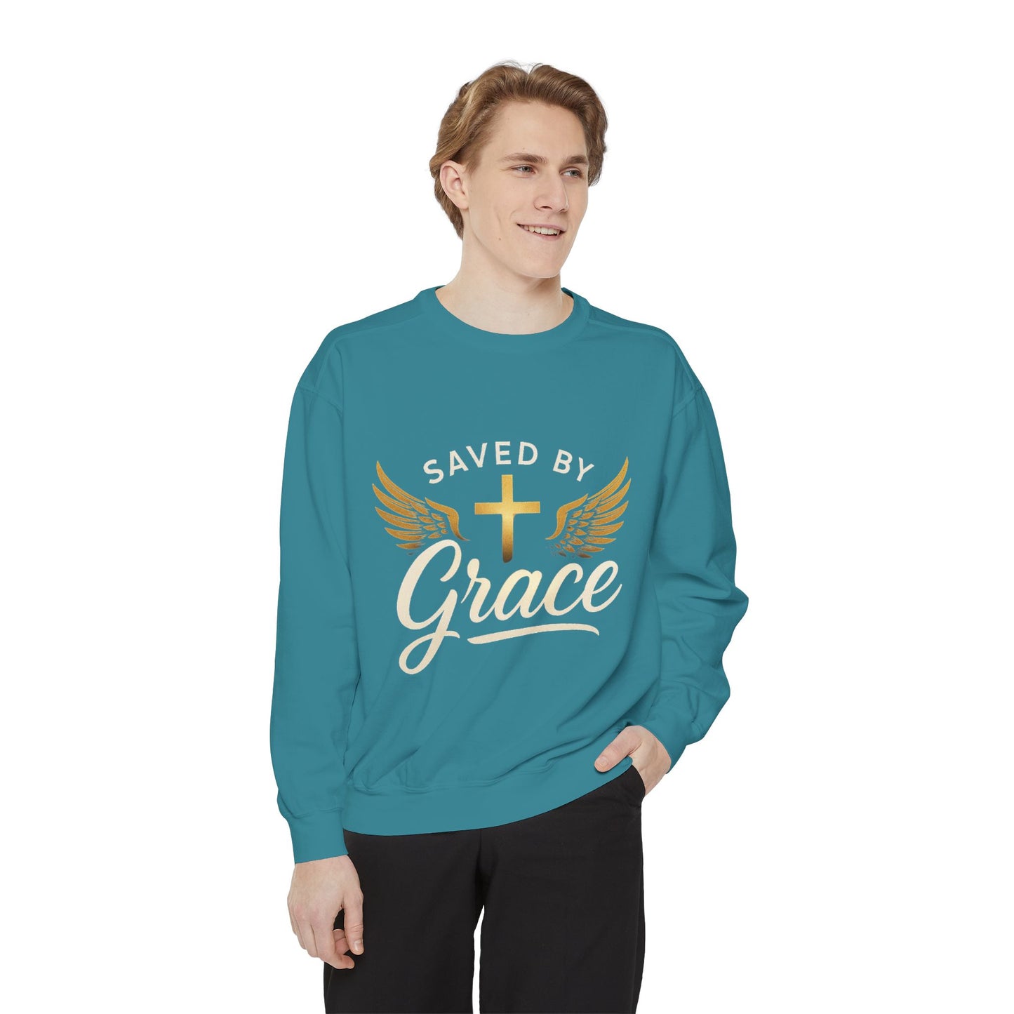 Saved by Grace Unisex Garment-Dyed Sweatshirt, Christian Sweatshirt, Faith Apparel, Inspirational Gift, Cozy Crewneck, Religious Clothing