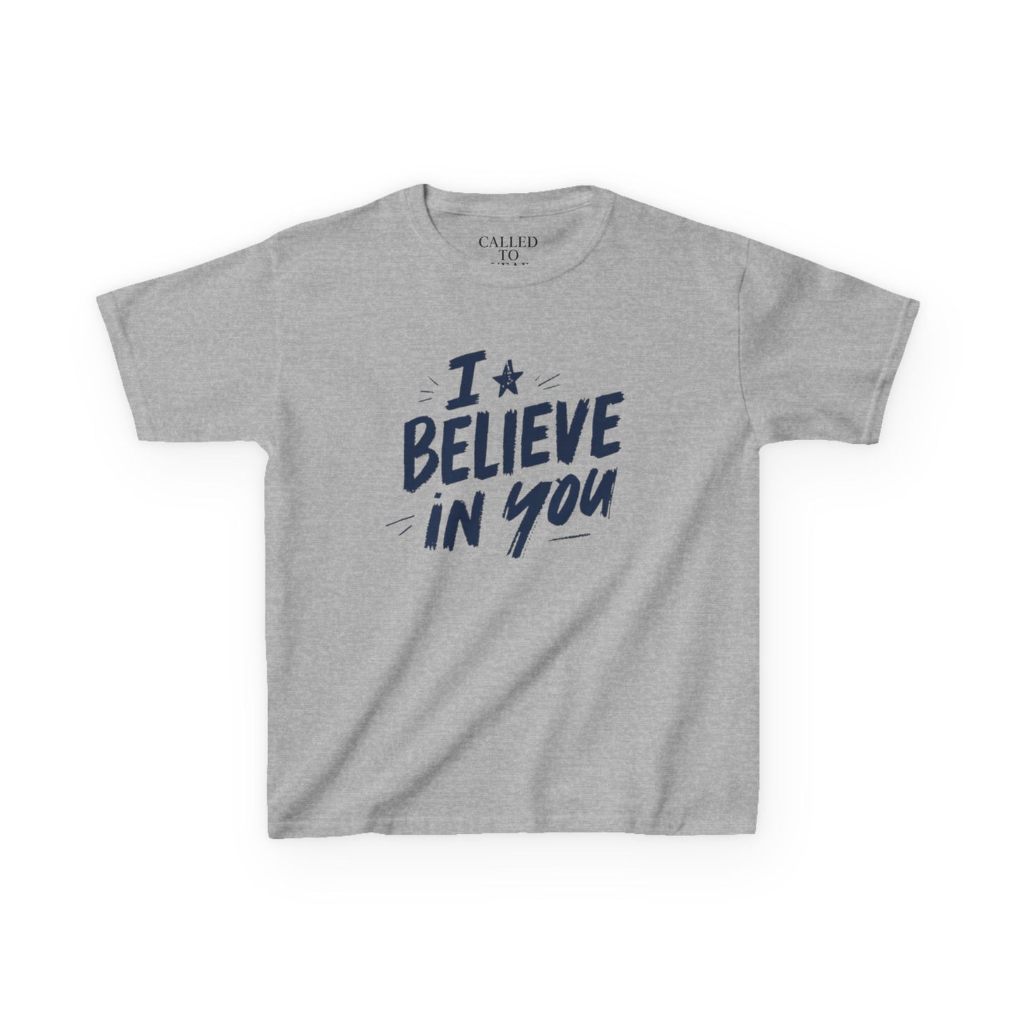 I Believe In You Kids Tee, Hand-Lettered Navy Script with Star | Encouragement Shirt