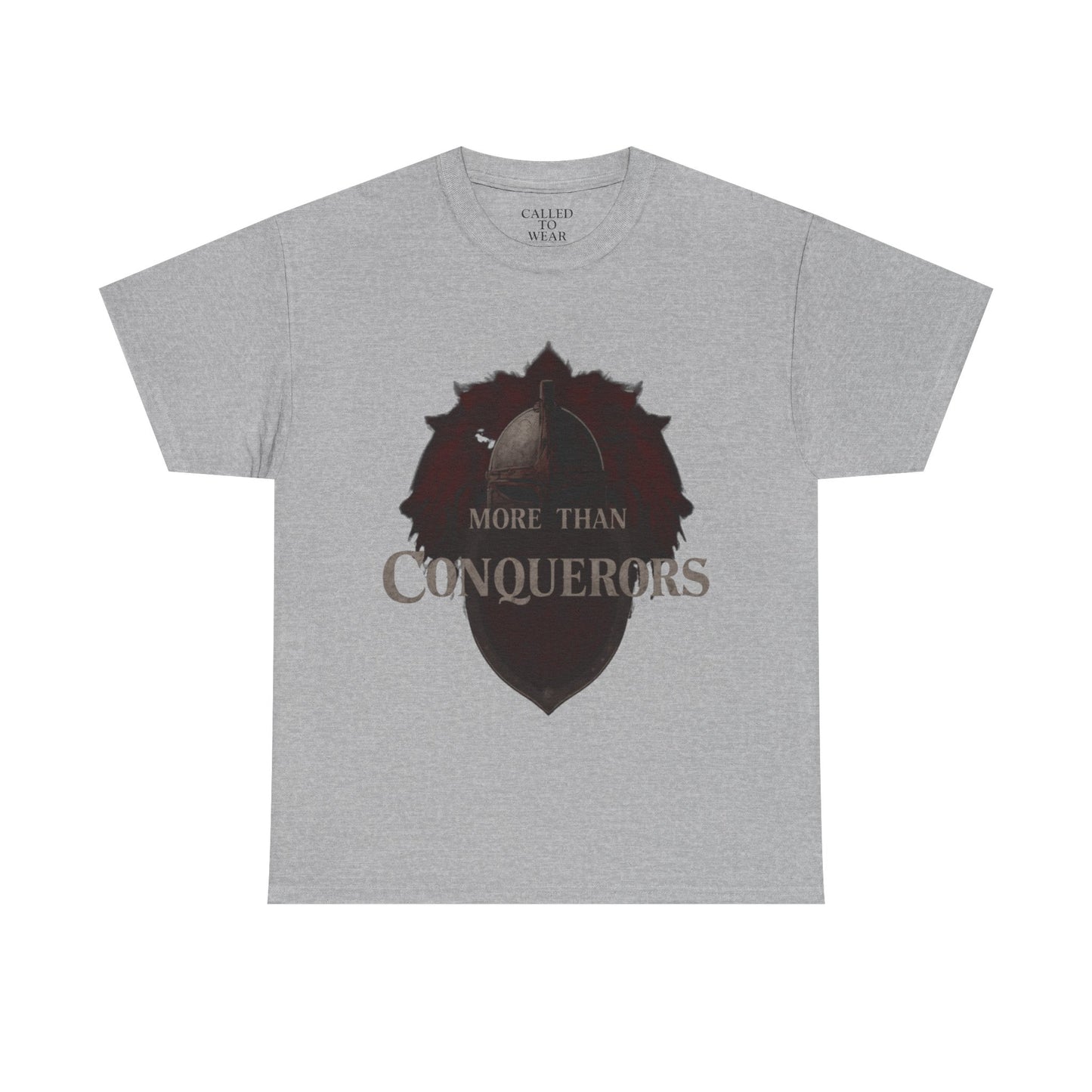More Than Conquerors Tee | Shield Silhouette Christian faith typography