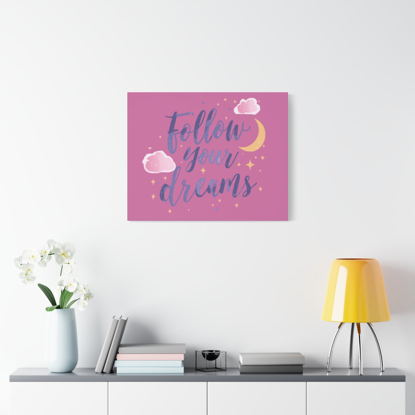 Follow Your Dreams Matte Canvas | Inspirational Wall Art, Pink Moon Clouds