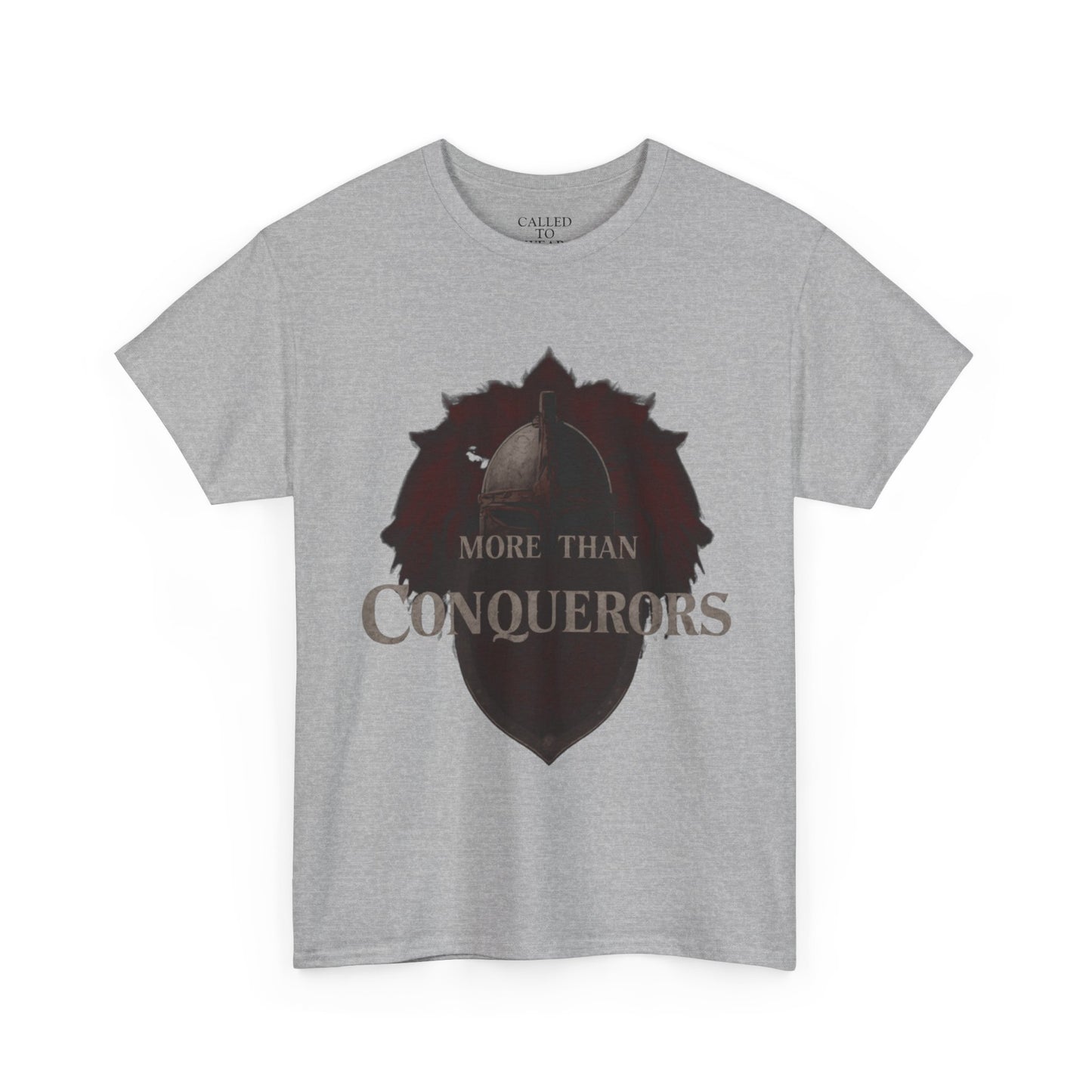 More Than Conquerors Tee | Shield Silhouette Christian faith typography