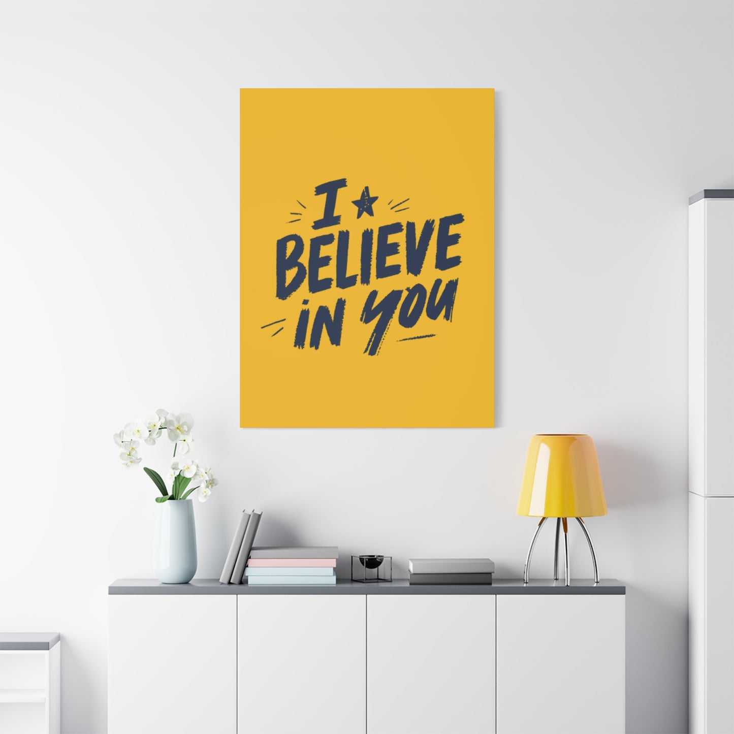 I Believe In You Canvas | Matte Stretched Wall Art, Navy Brush Lettering on Gold