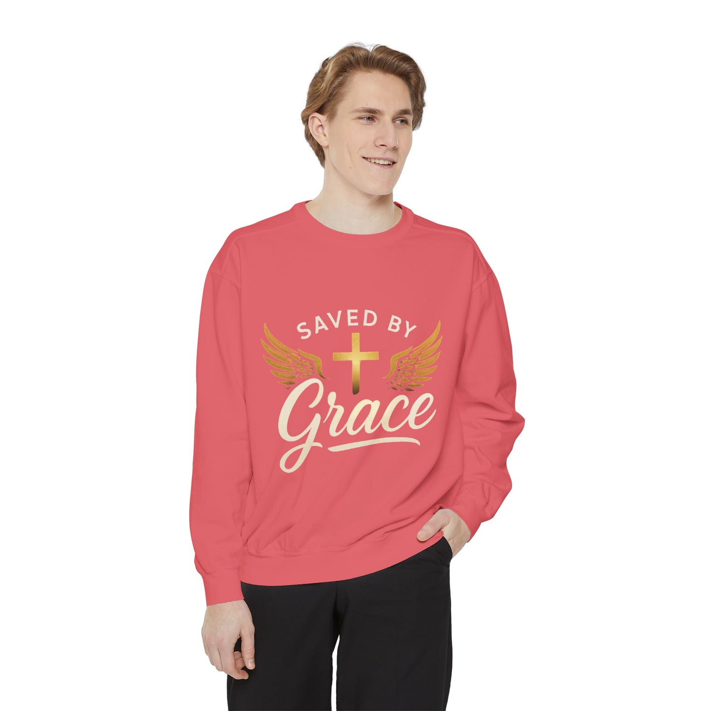 Saved by Grace Unisex Garment-Dyed Sweatshirt, Christian Sweatshirt, Faith Apparel, Inspirational Gift, Cozy Crewneck, Religious Clothing