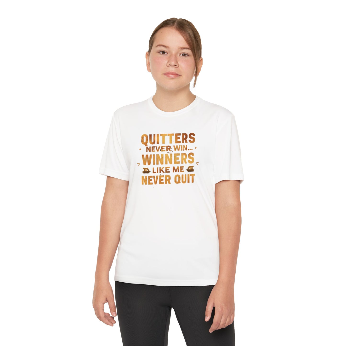 Quitters Never Win Winners Like Me Never Quit T-Shirt | Youth Competition Tee