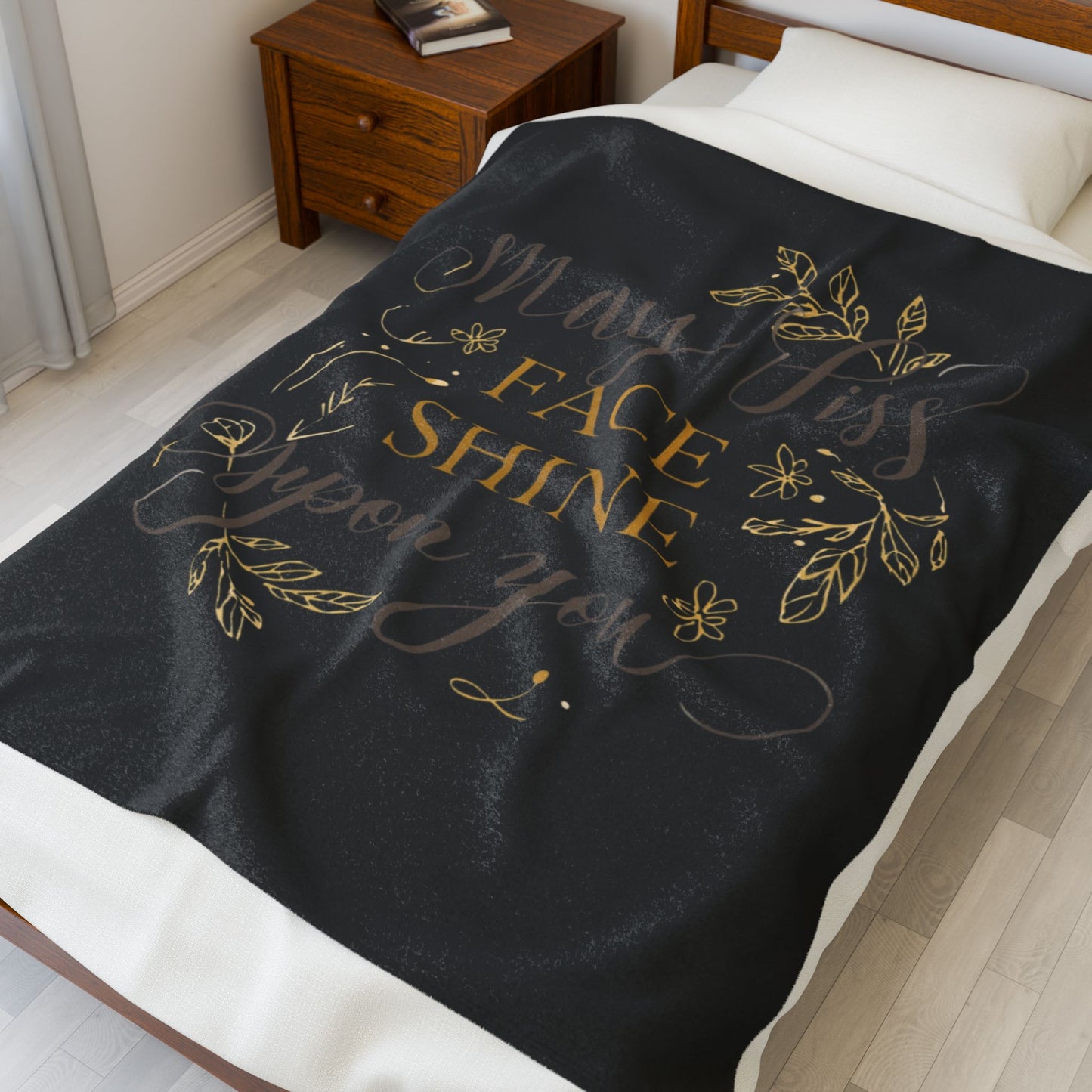 May His Face Shine Upon You Velveteen Plush Blanket | Gold Script Blessing