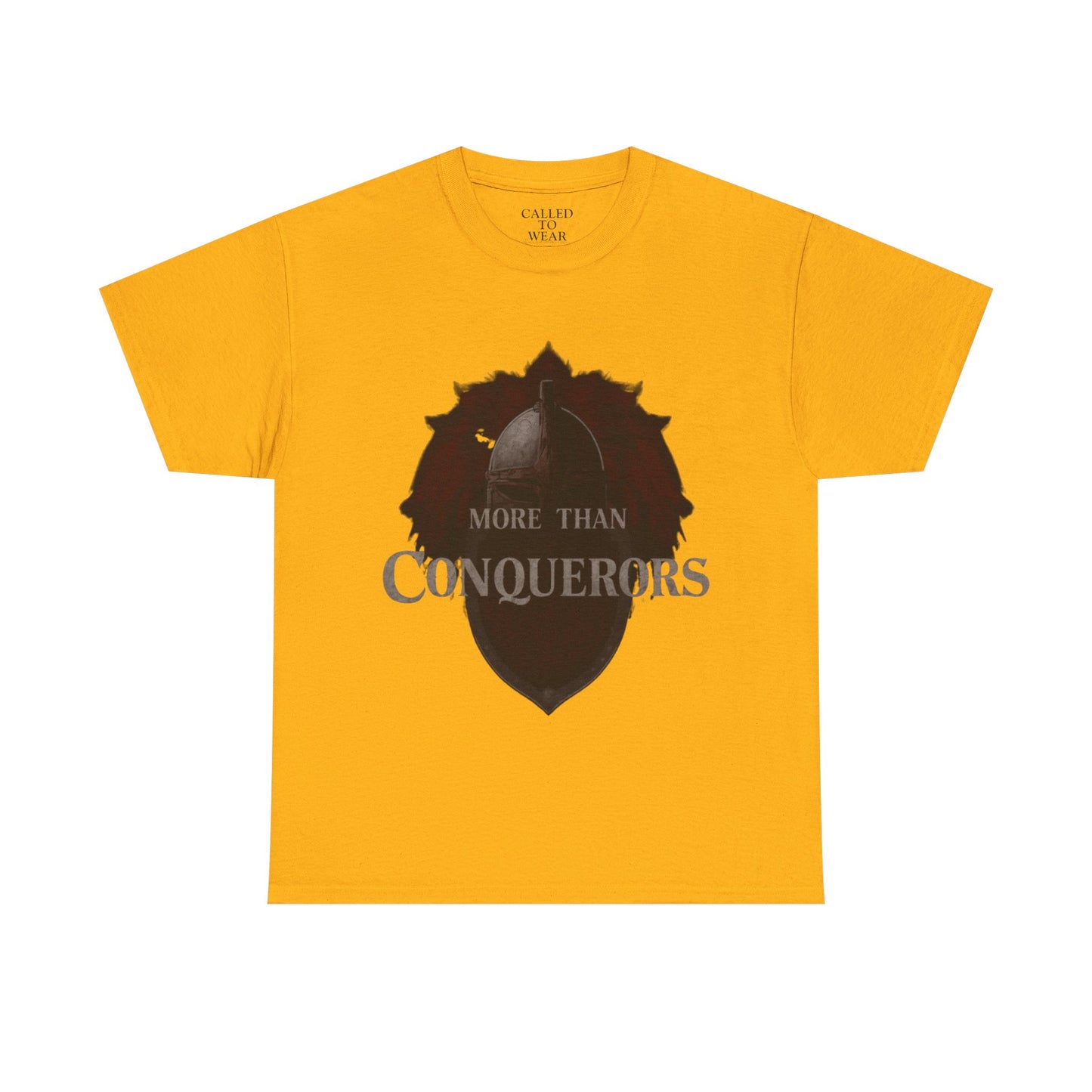 More Than Conquerors Tee | Shield Silhouette Christian faith typography