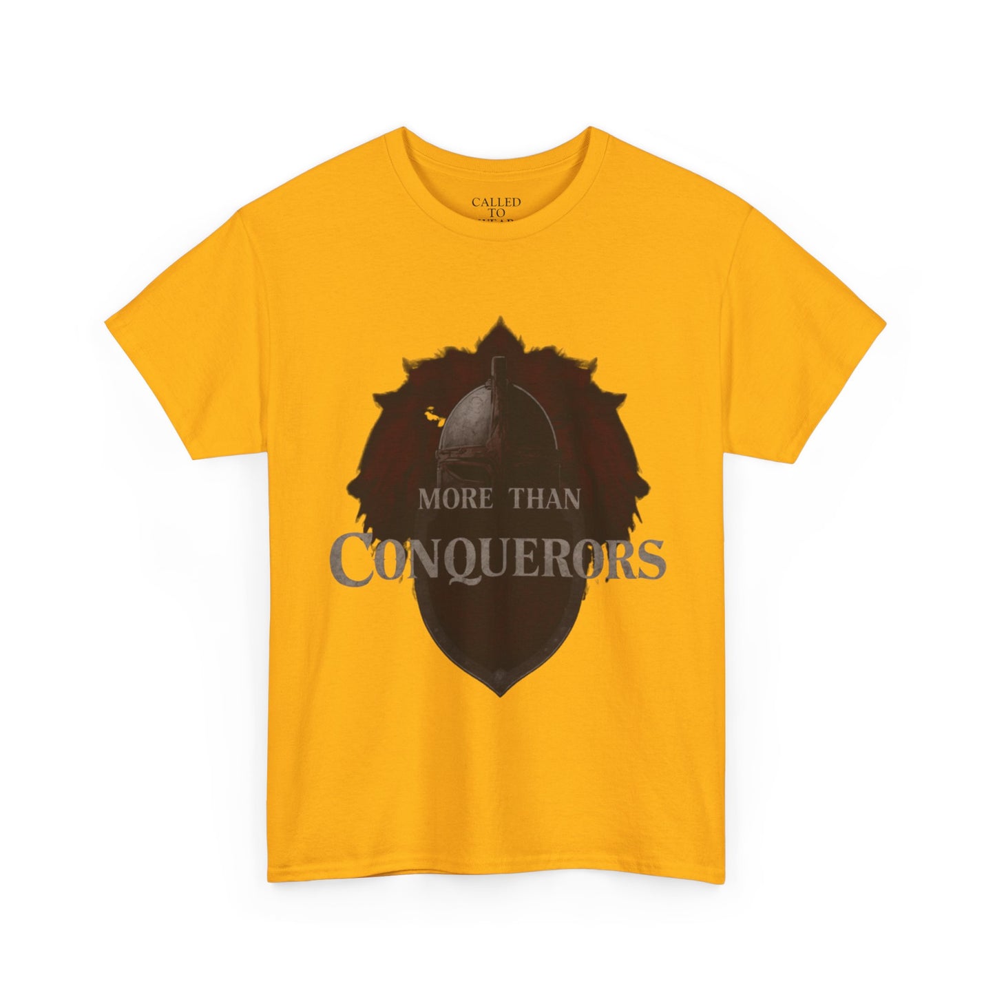 More Than Conquerors Tee | Shield Silhouette Christian faith typography