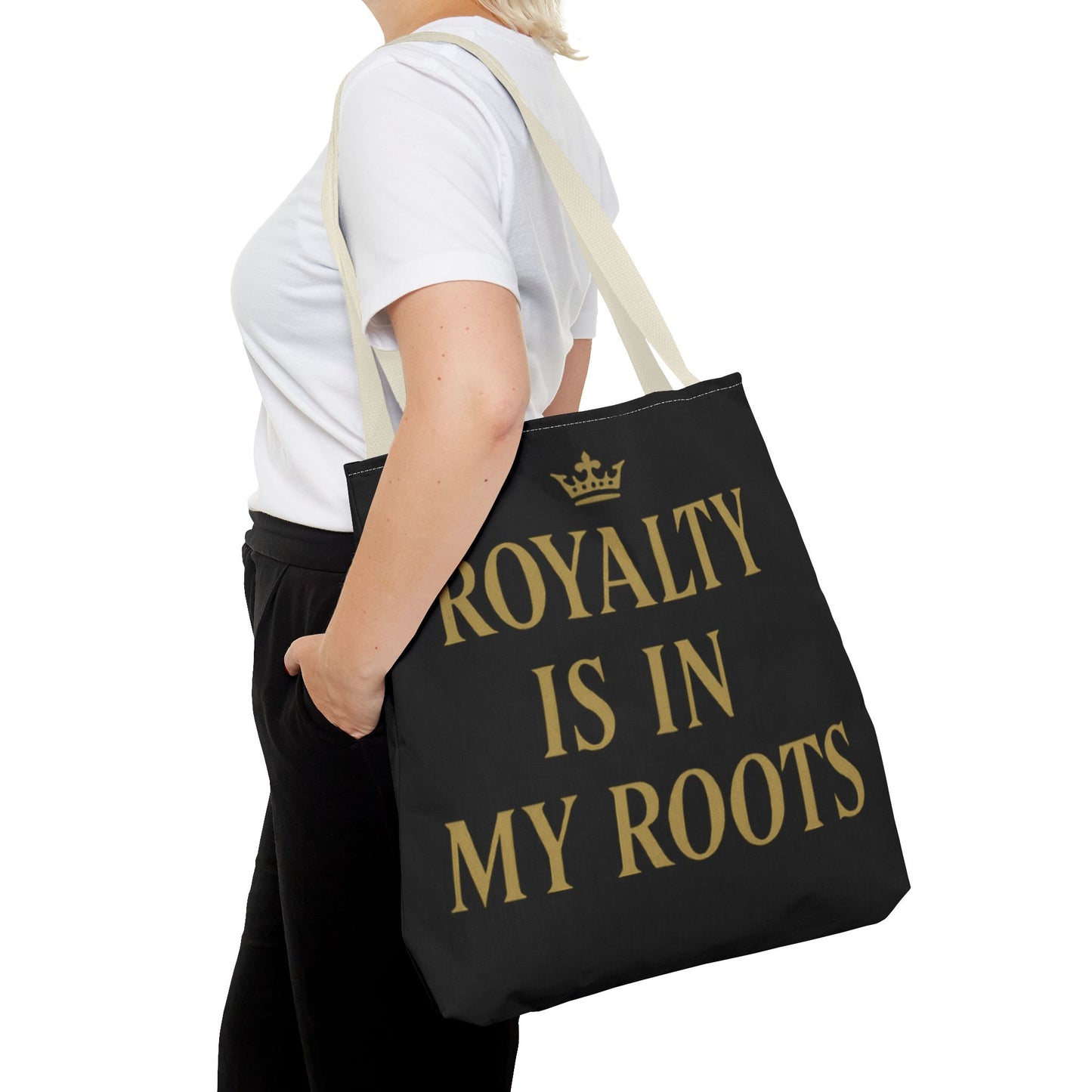 Royalty Is in My Roots Tote Bag - Stylish Eco-Friendly Carryall, Perfect Gift for Her, Black Gold Design, Daily Use, Travel Bag