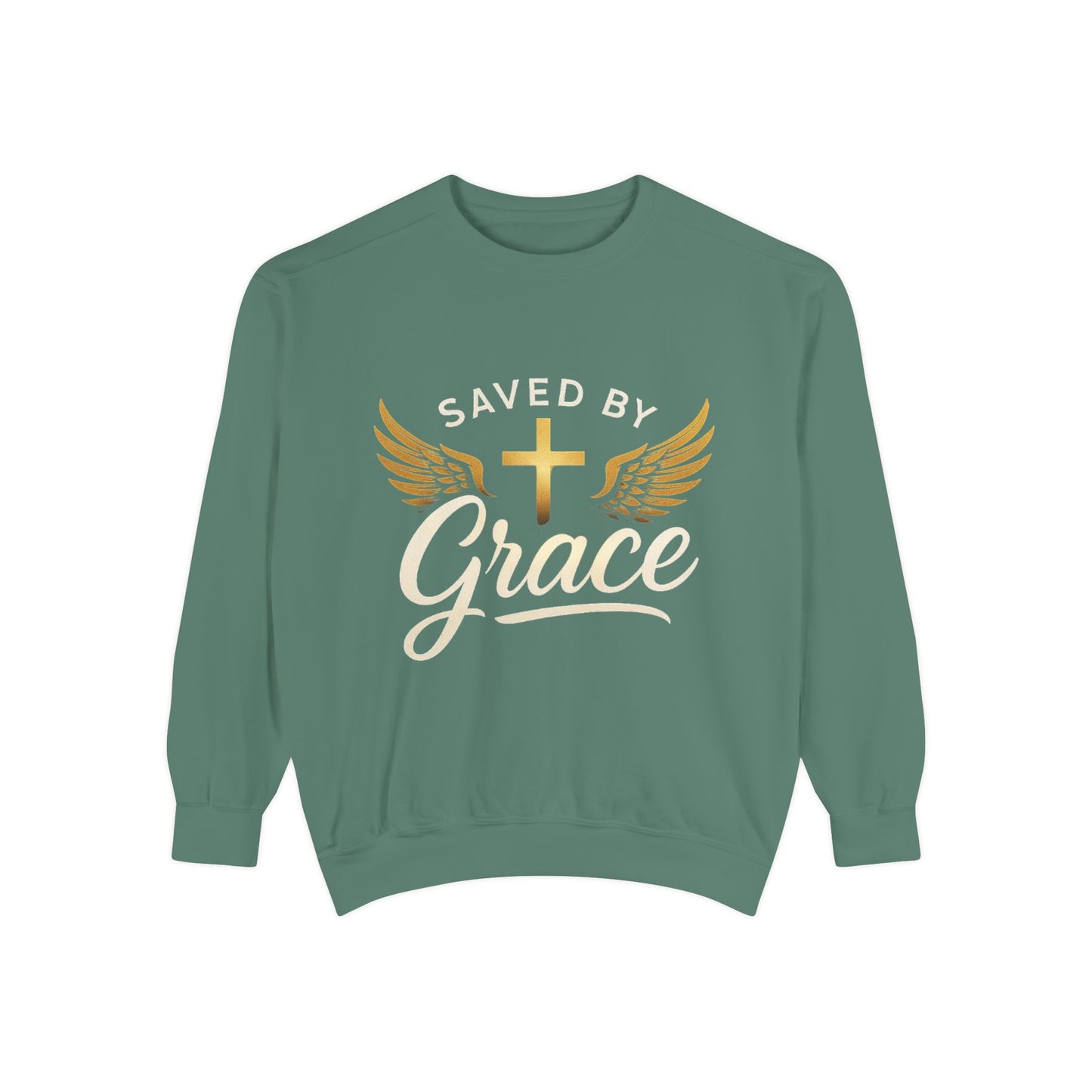 Saved by Grace Unisex Garment-Dyed Sweatshirt, Christian Sweatshirt, Faith Apparel, Inspirational Gift, Cozy Crewneck, Religious Clothing