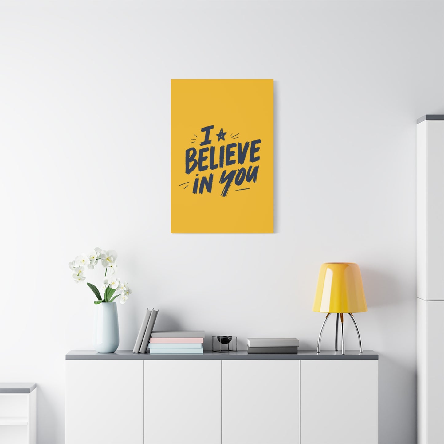 I Believe In You Canvas | Matte Stretched Wall Art, Navy Brush Lettering on Gold