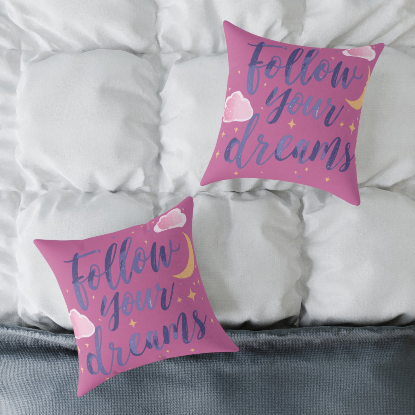 Follow Your Dreams script lettering Square Pillow | pink moon clouds stars