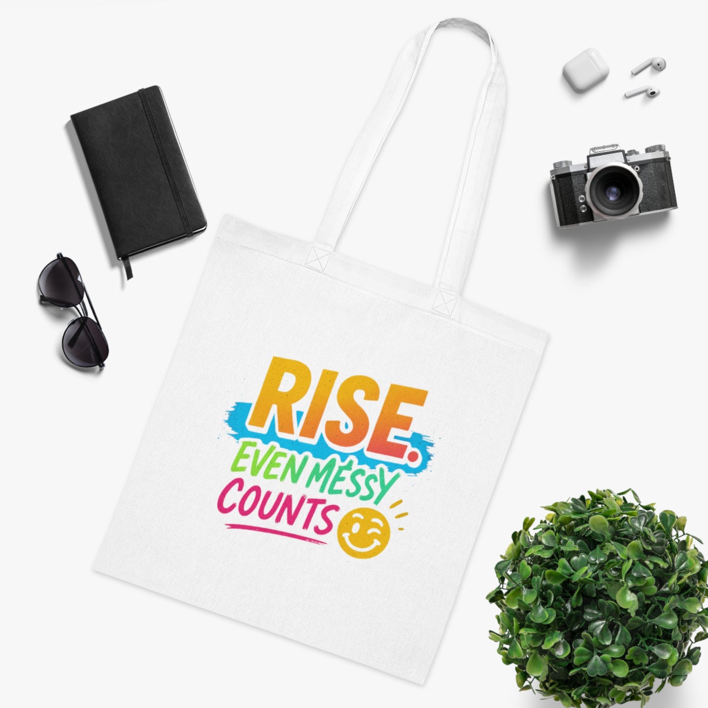 Motivational Cotton Tote: RISE. Even Messy Counts - Eco-Friendly Shopping Bag, Gift for Students, Gym Tote, Daily Use Bag, Beach Bag.