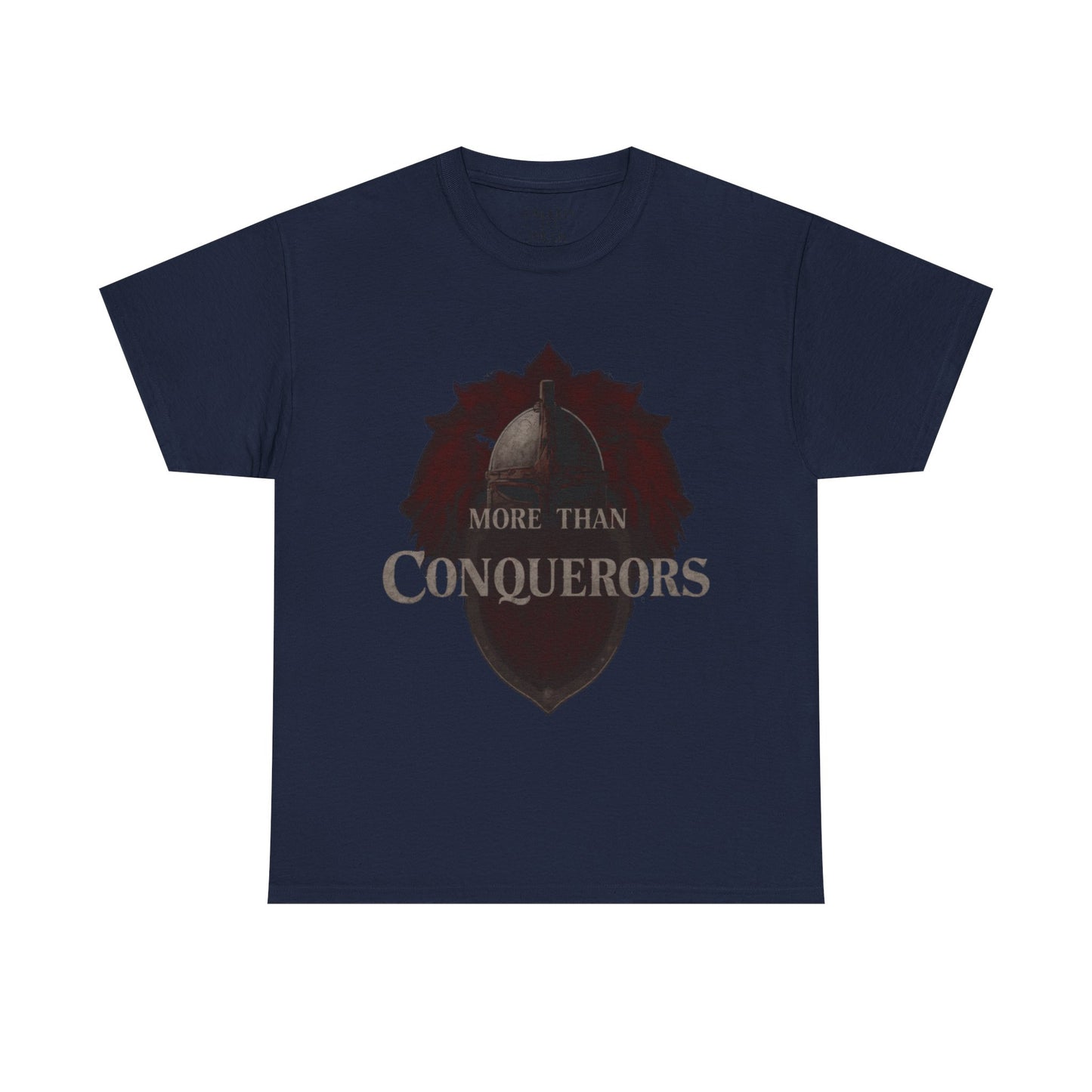 More Than Conquerors Tee | Shield Silhouette Christian faith typography
