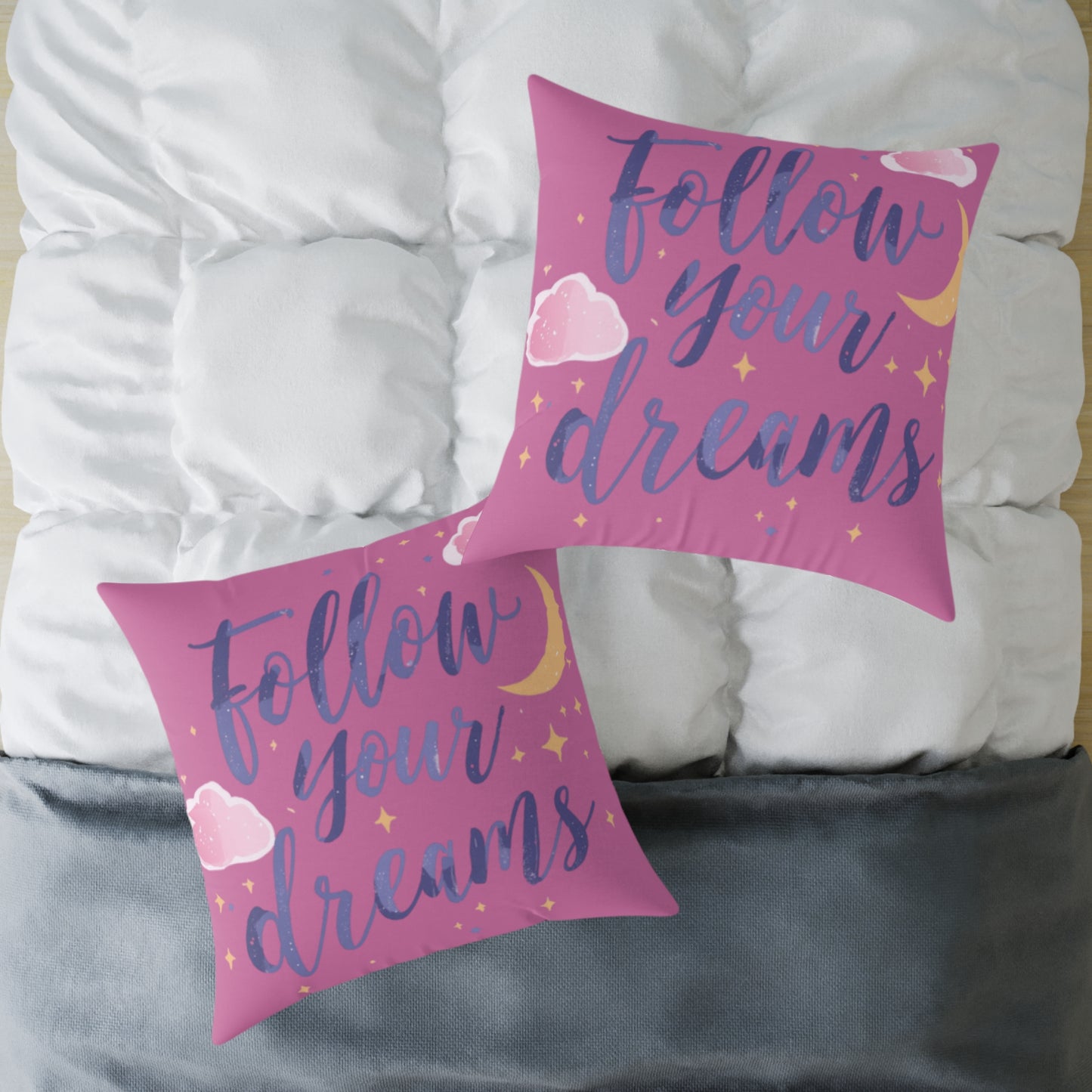 Follow Your Dreams script lettering Square Pillow | pink moon clouds stars
