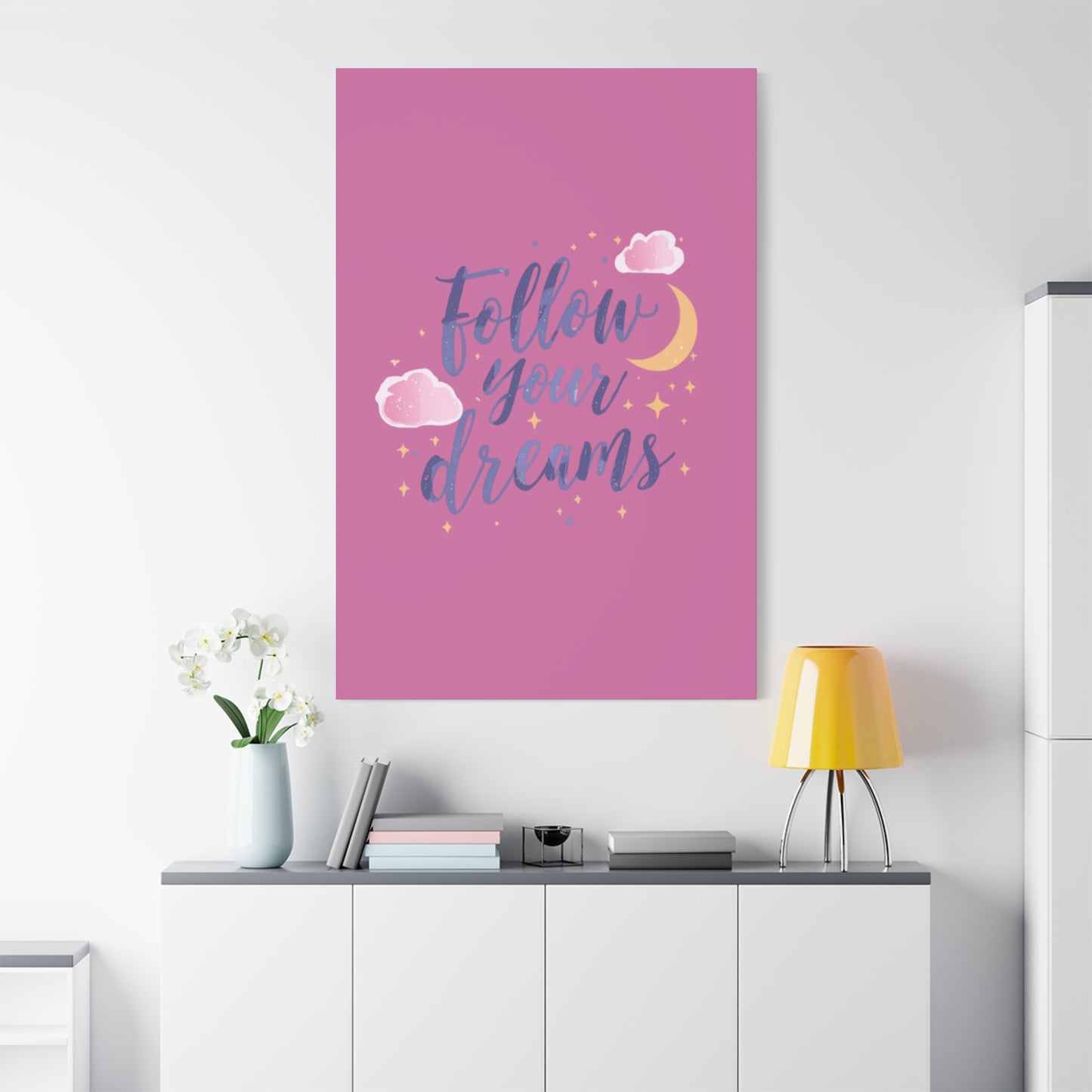 Follow Your Dreams Matte Canvas | Inspirational Wall Art, Pink Moon Clouds