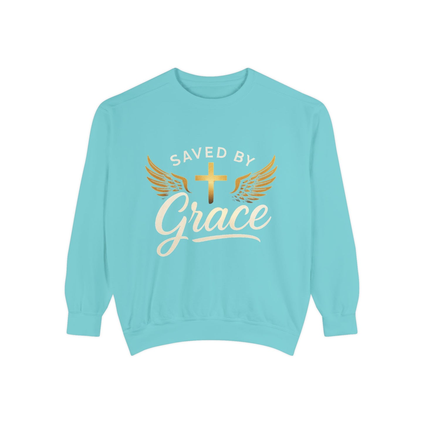 Saved by Grace Unisex Garment-Dyed Sweatshirt, Christian Sweatshirt, Faith Apparel, Inspirational Gift, Cozy Crewneck, Religious Clothing