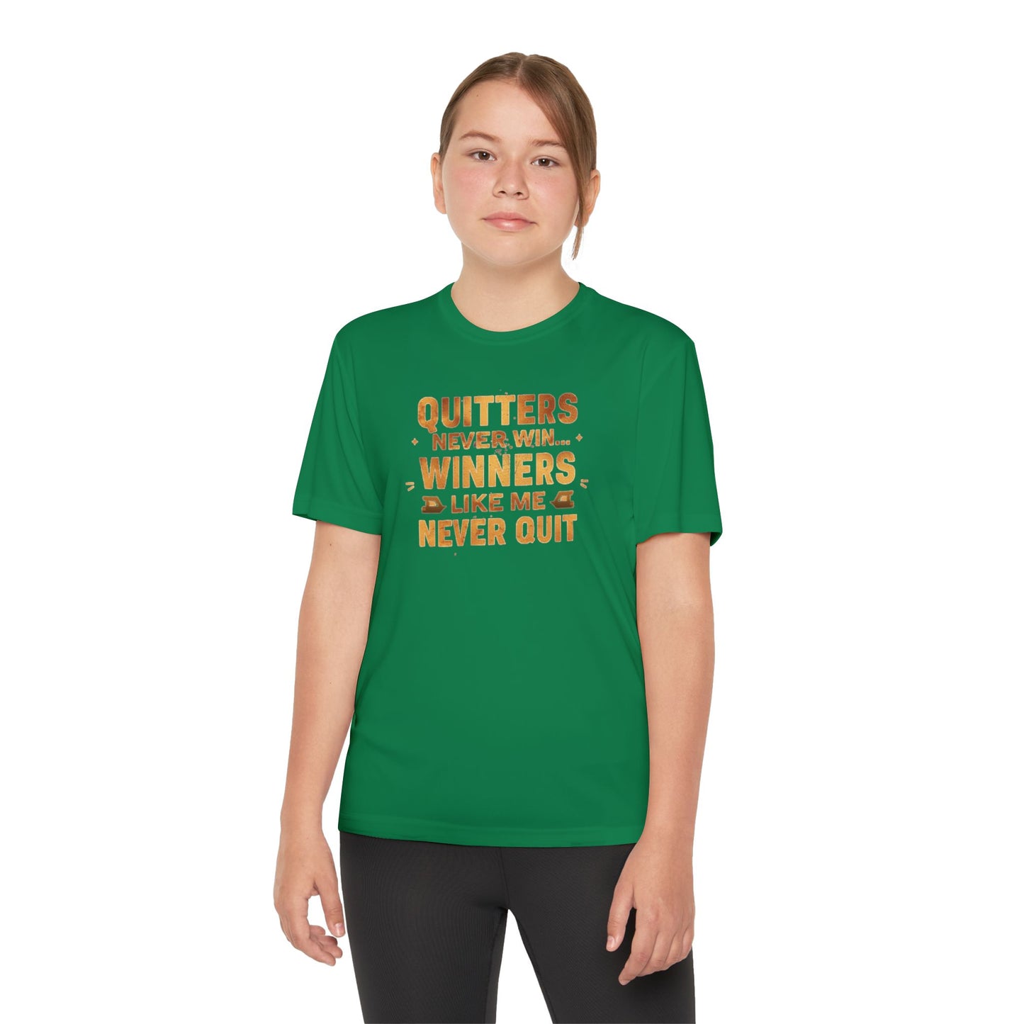 Quitters Never Win Winners Like Me Never Quit T-Shirt | Youth Competition Tee