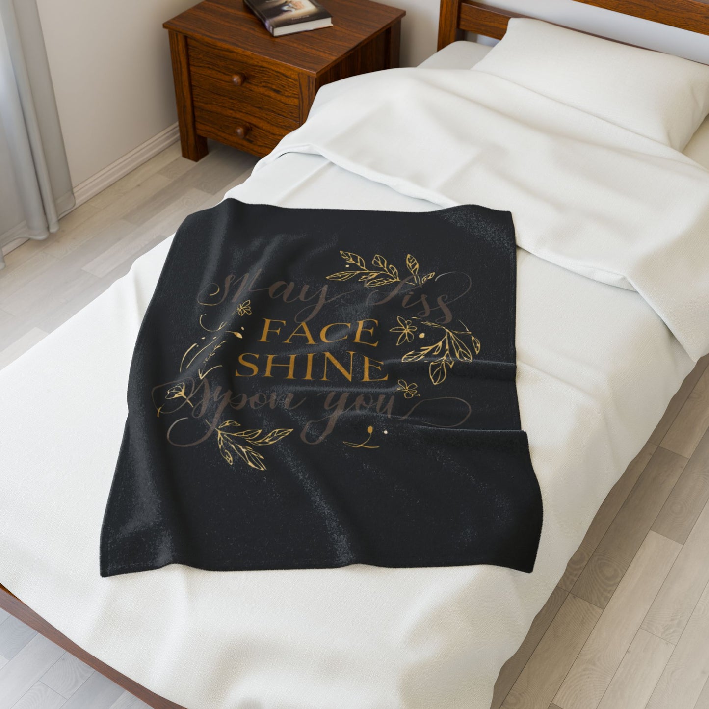 May His Face Shine Upon You Velveteen Plush Blanket | Gold Script Blessing