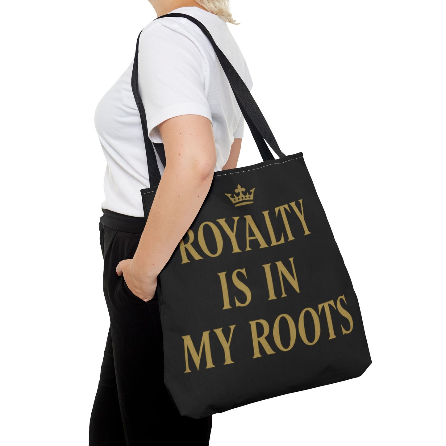 Royalty Is in My Roots Tote Bag - Stylish Eco-Friendly Carryall, Perfect Gift for Her, Black Gold Design, Daily Use, Travel Bag