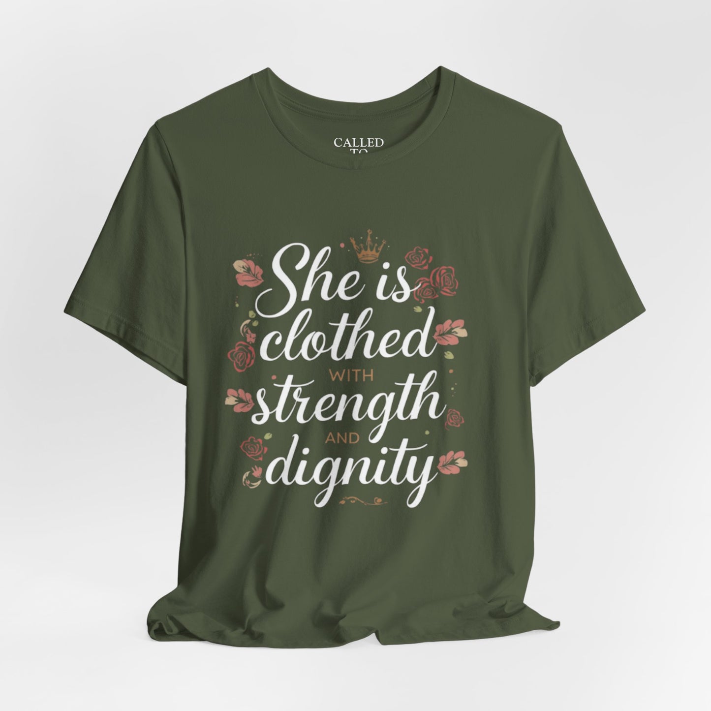 She is clothed with strength and dignity T-Shirt | Floral Crown Scripture Tee