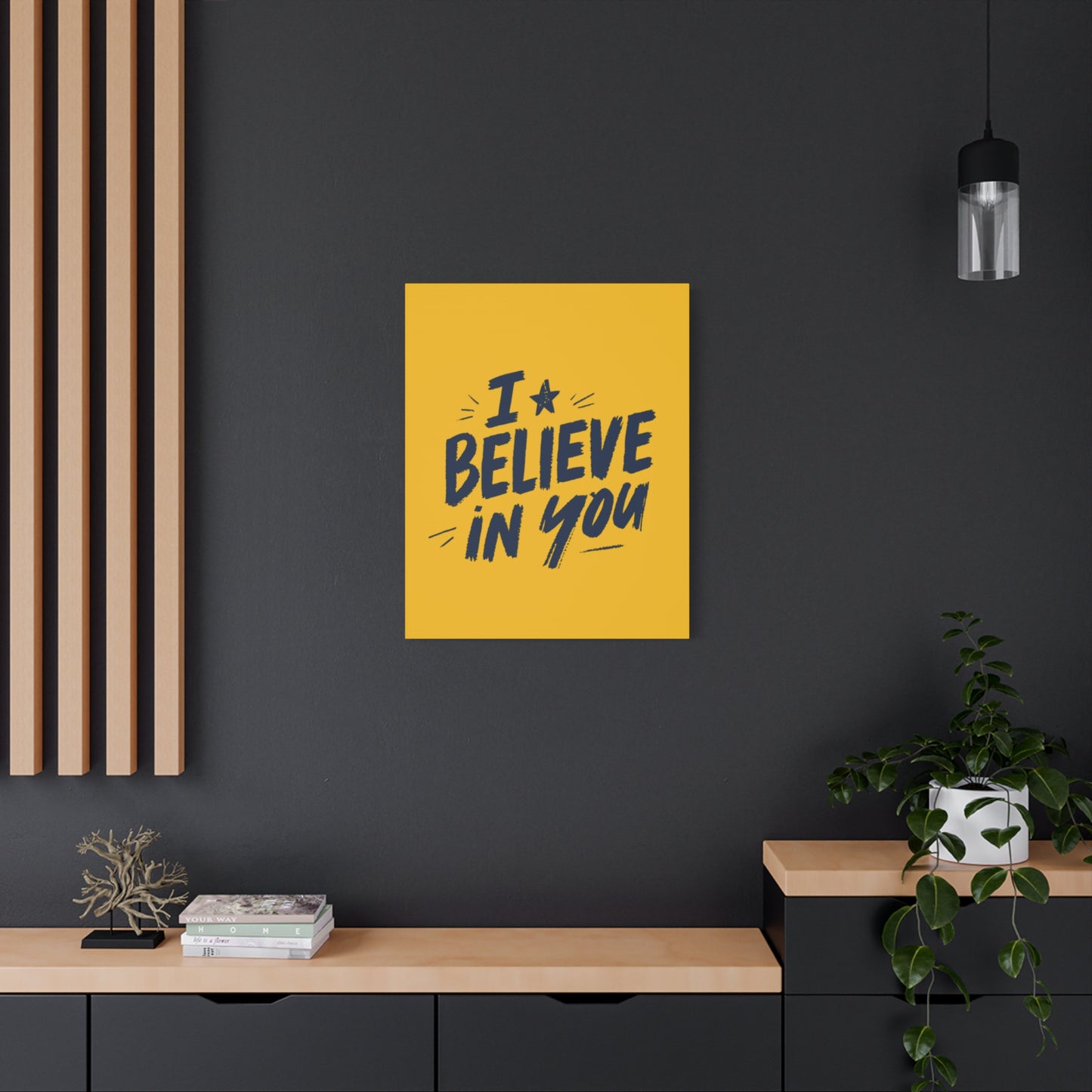 I Believe In You Canvas | Matte Stretched Wall Art, Navy Brush Lettering on Gold