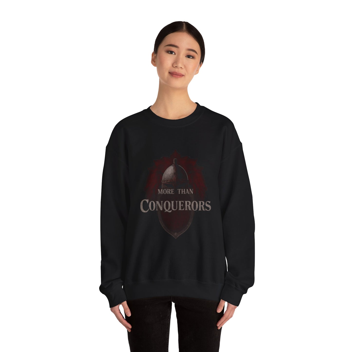 More Than Conquerors Shield Crewneck Sweatshirt | Christian Faith Scripture