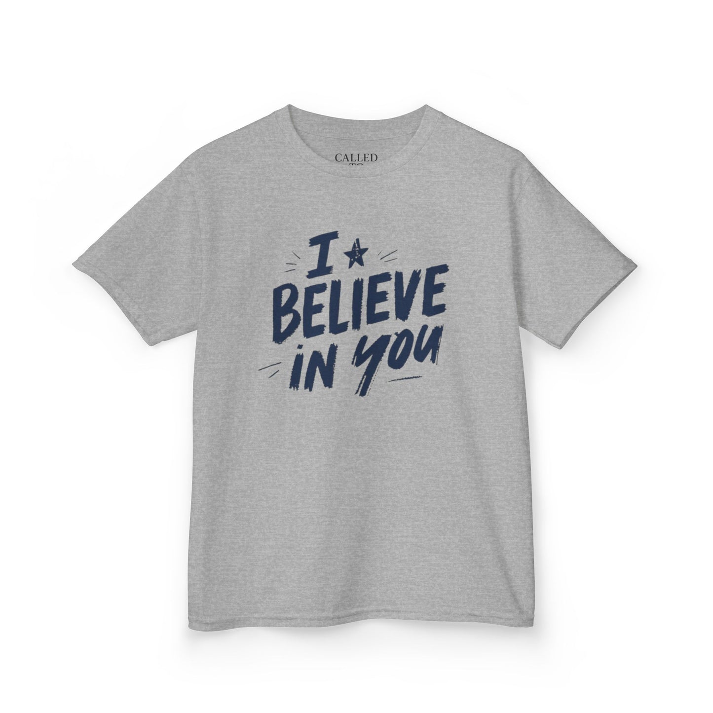 I Believe In You Kids Tee, Hand-Lettered Navy Script with Star | Encouragement Shirt
