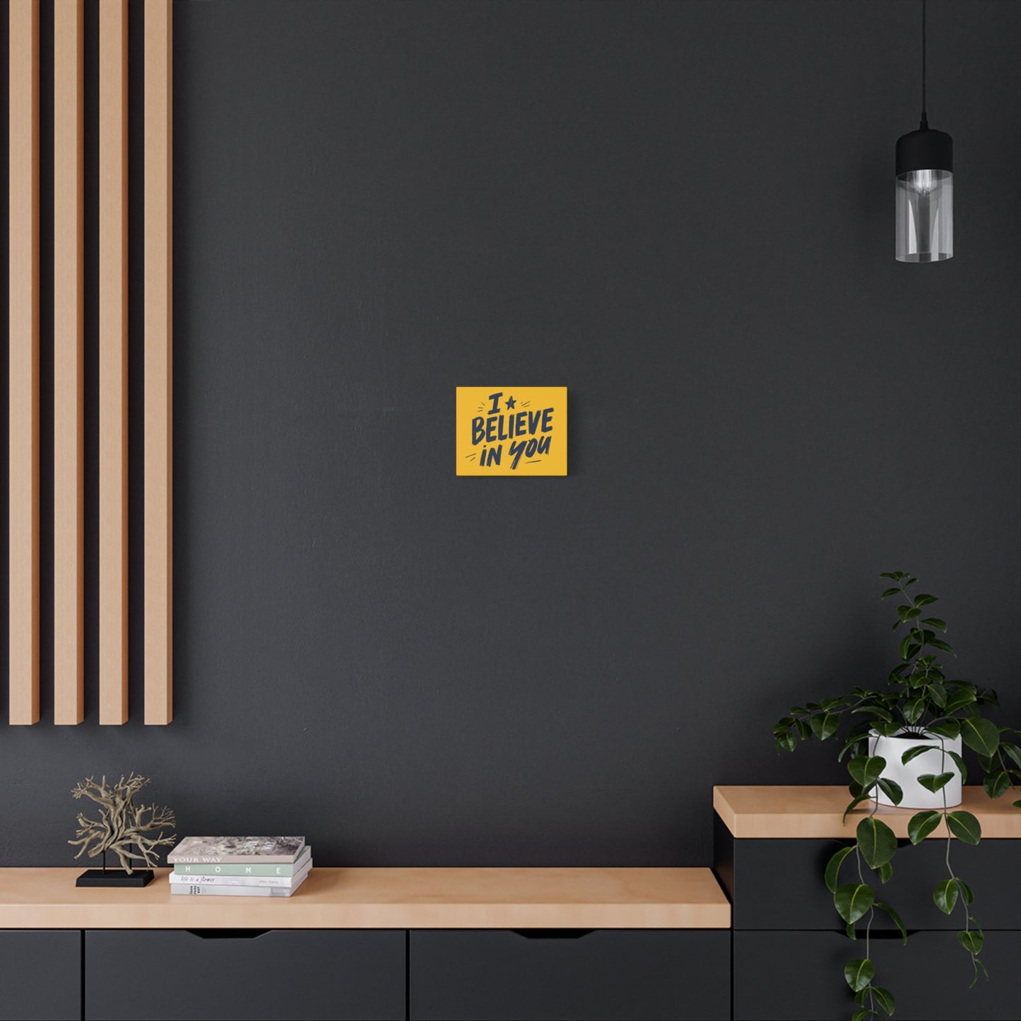 I Believe In You Canvas | Matte Stretched Wall Art, Navy Brush Lettering on Gold