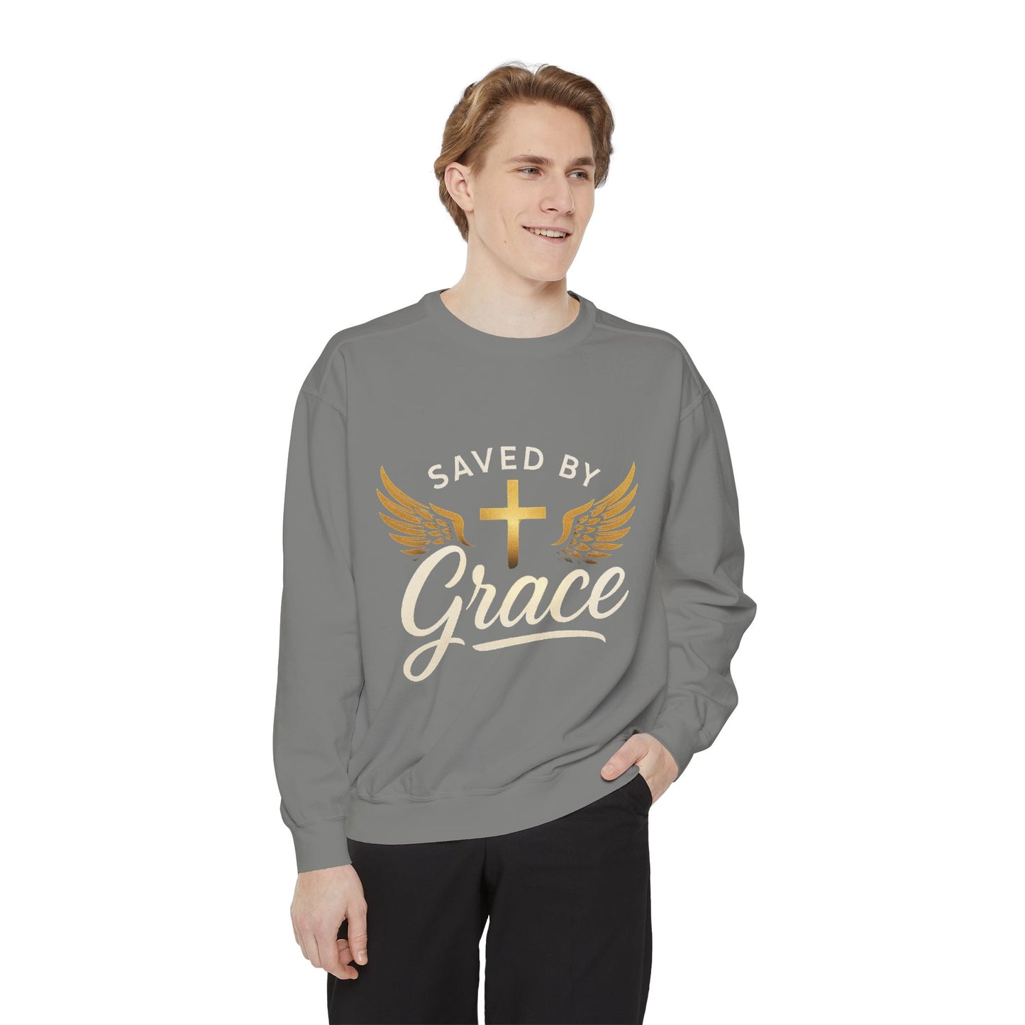 Saved by Grace Unisex Garment-Dyed Sweatshirt, Christian Sweatshirt, Faith Apparel, Inspirational Gift, Cozy Crewneck, Religious Clothing