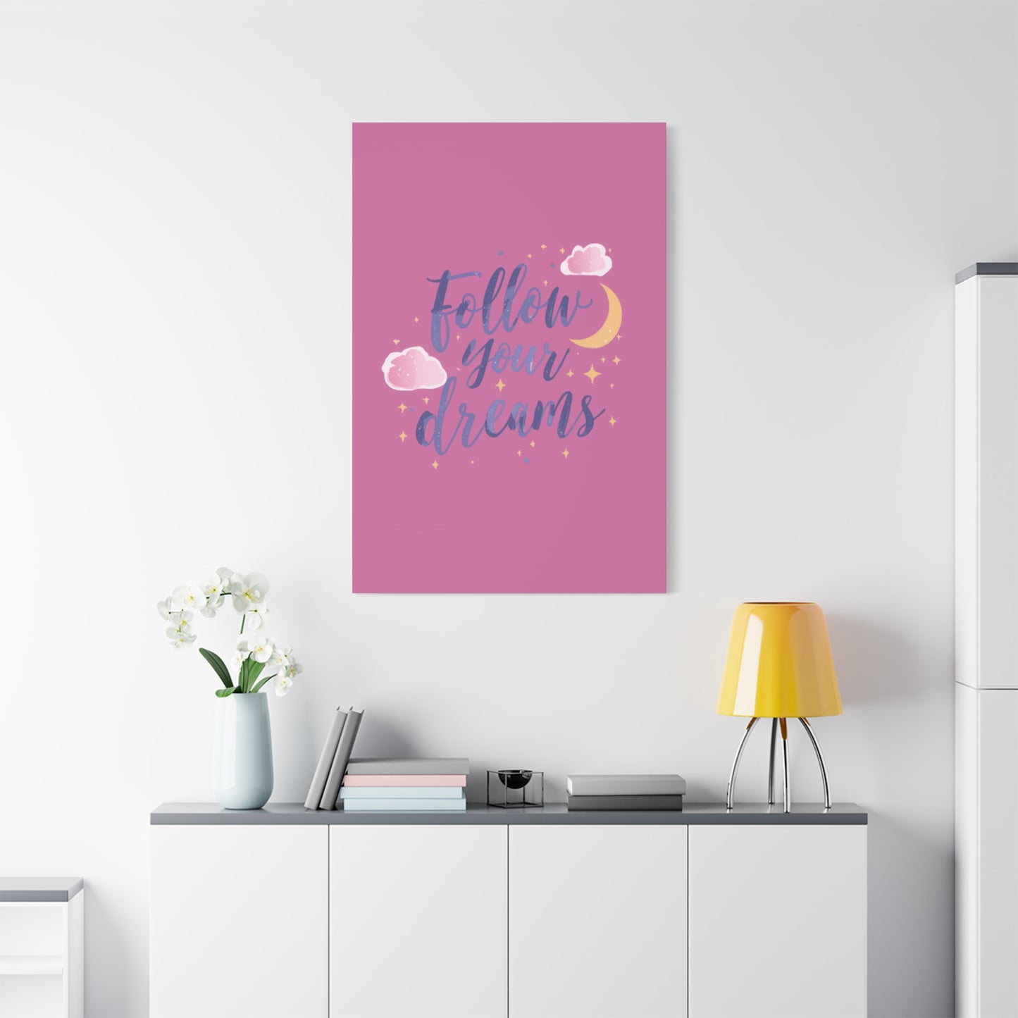Follow Your Dreams Matte Canvas | Inspirational Wall Art, Pink Moon Clouds