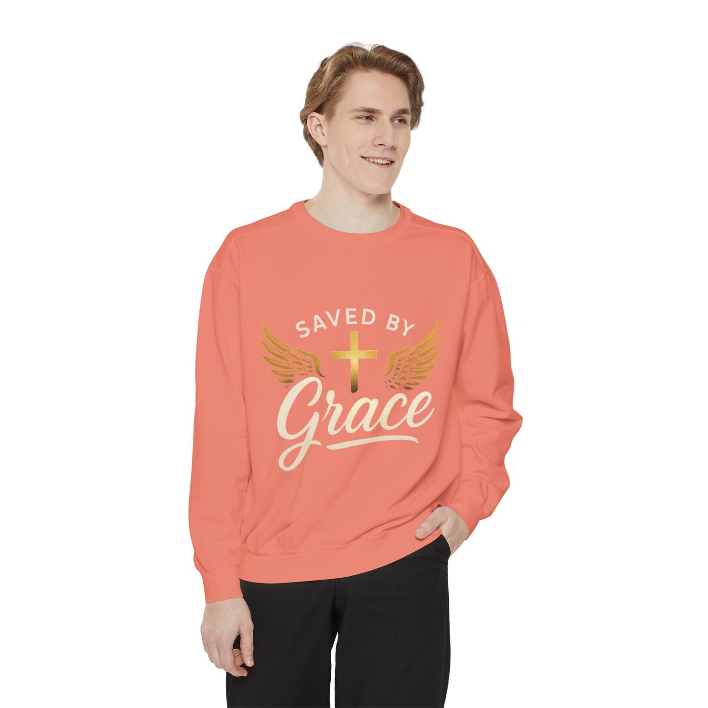 Saved by Grace Unisex Garment-Dyed Sweatshirt, Christian Sweatshirt, Faith Apparel, Inspirational Gift, Cozy Crewneck, Religious Clothing