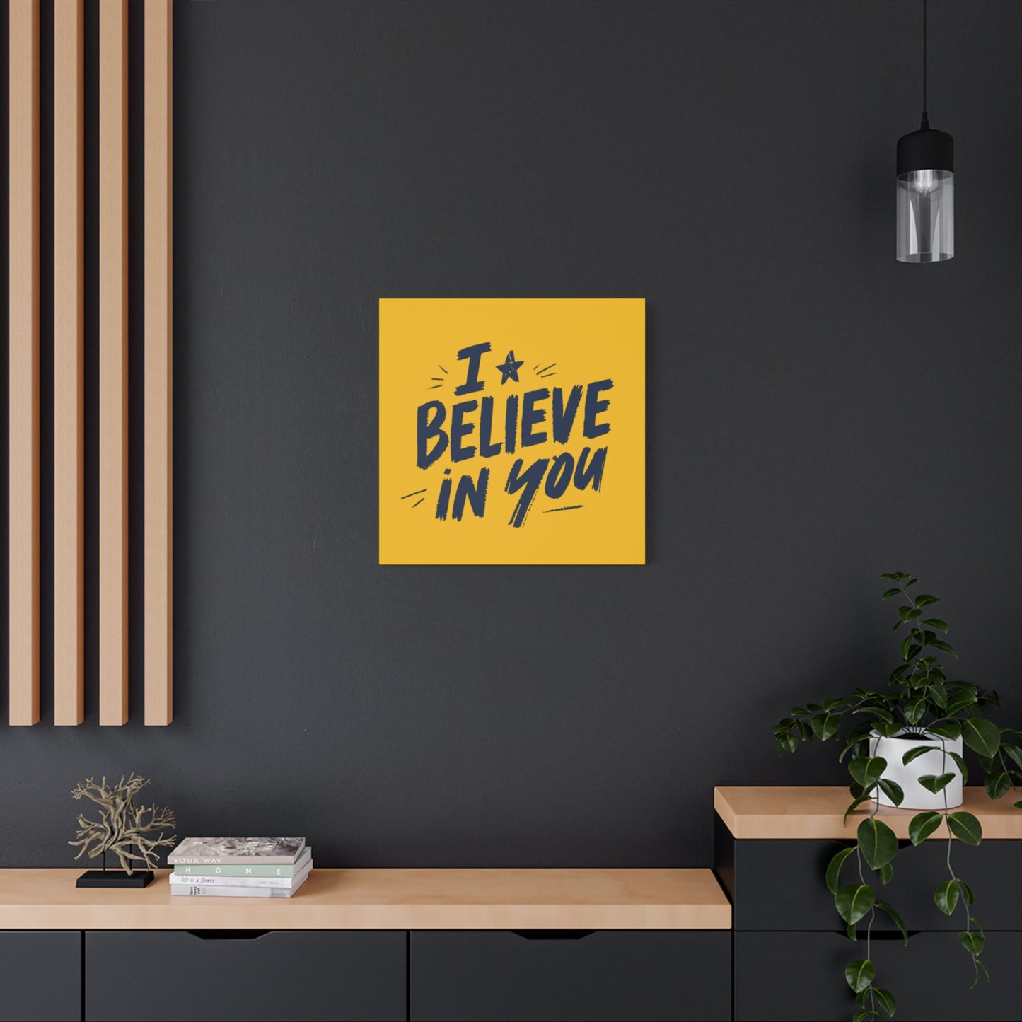 I Believe In You Canvas | Matte Stretched Wall Art, Navy Brush Lettering on Gold
