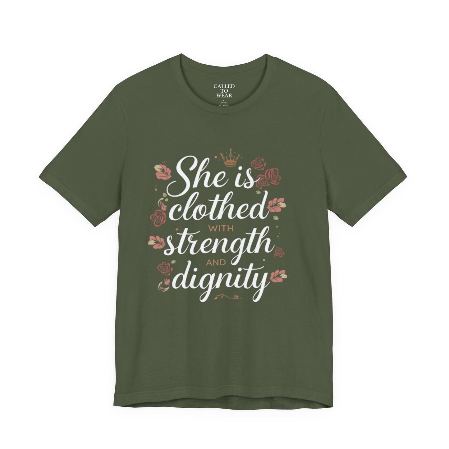She is clothed with strength and dignity T-Shirt | Floral Crown Scripture Tee